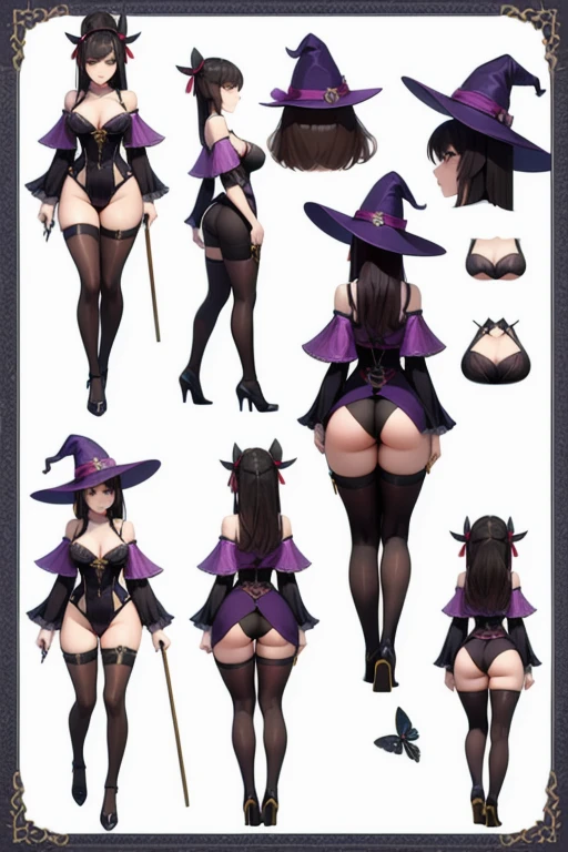 ((masterpiece)),(((best quality))),(character design sheet, same character, same outfit, front view, side view, back view), illustration, 1 girl, alone, beautiful girl, genshin impact style, full body, witch, purple witch costume, big witch hat, golden eyes, long black hair, medium breasts, corset, open legs, thick thighs, black tight thigh stockings, big butt.