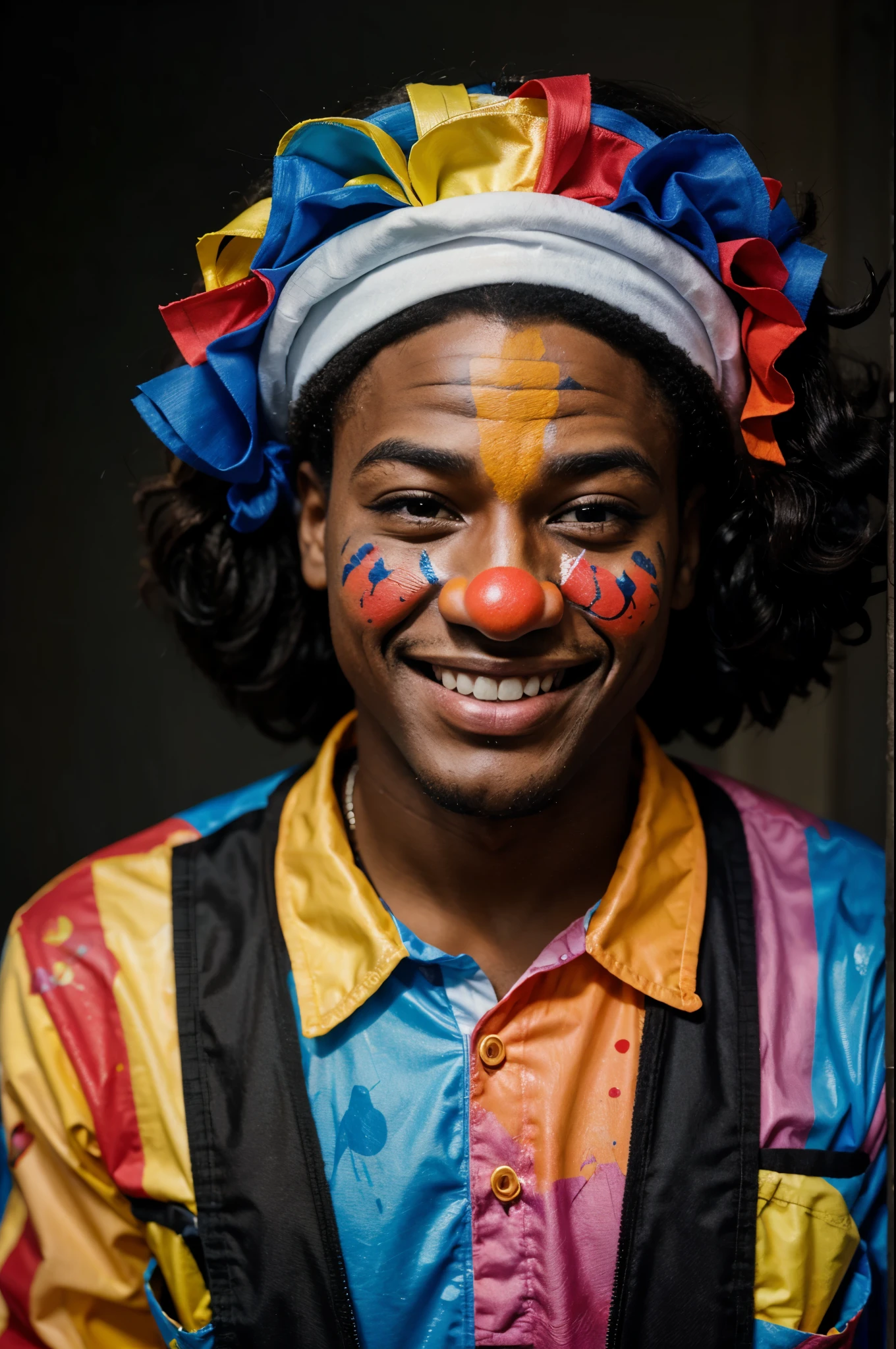 23 year old black man smiling with ultra realistic clown painted face