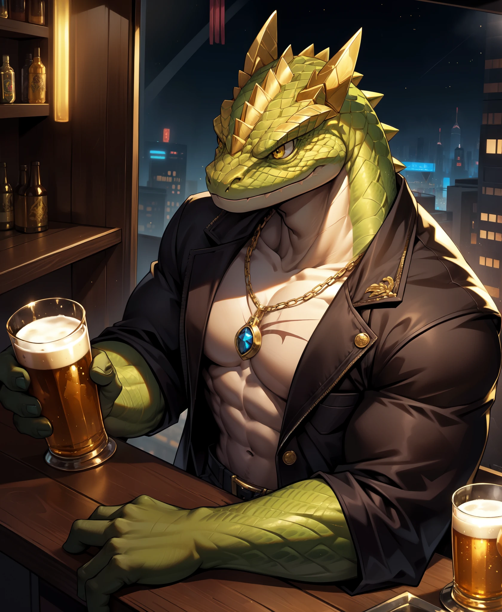 (From above),best hands,best quality, (official art,close-up face:1.15),(ultra detailed 8k art,fantasy),skyscraper,(upper body, focus green lizard man,lizard yellow eyes,anthro:1.2),(gangster,From front,scales),big tattoo on chest BREAK
(muscular:1.2) ,(intricately carved gold spikes), metropolis,night party,Drink a large glass of beer,lean on metal railing,(night bar),gold claw BREAK
 scary face,night view,A black jacket opens,golden chain necklace,old scar on half of face,(anthros crowd),neon light,roll up the sleeves