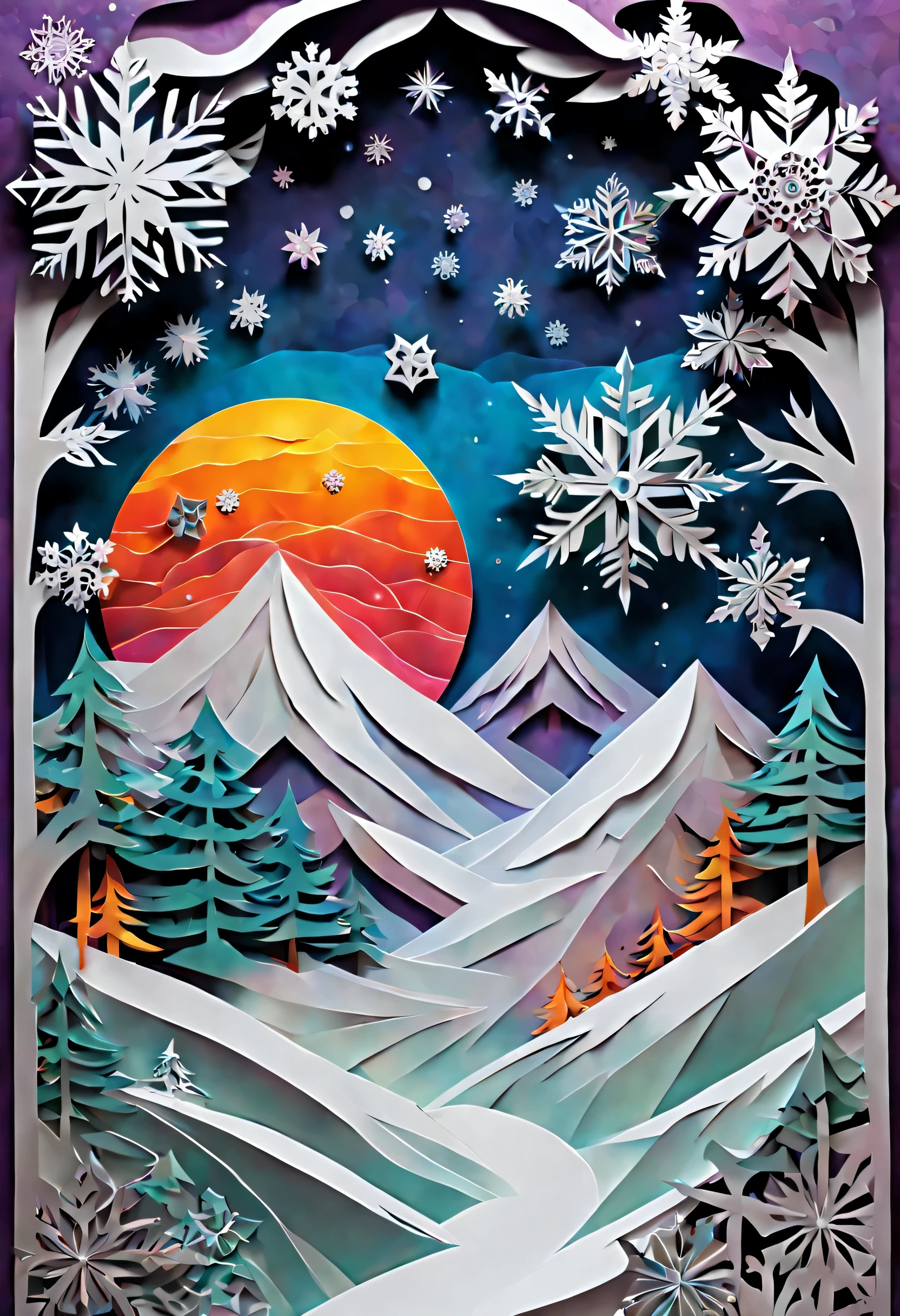 A space vision, made entirely of sheets of paper cut out in the cut-out style, kirigami and snowflakes, it's very detailed and textured. in psychedelic dusted color style