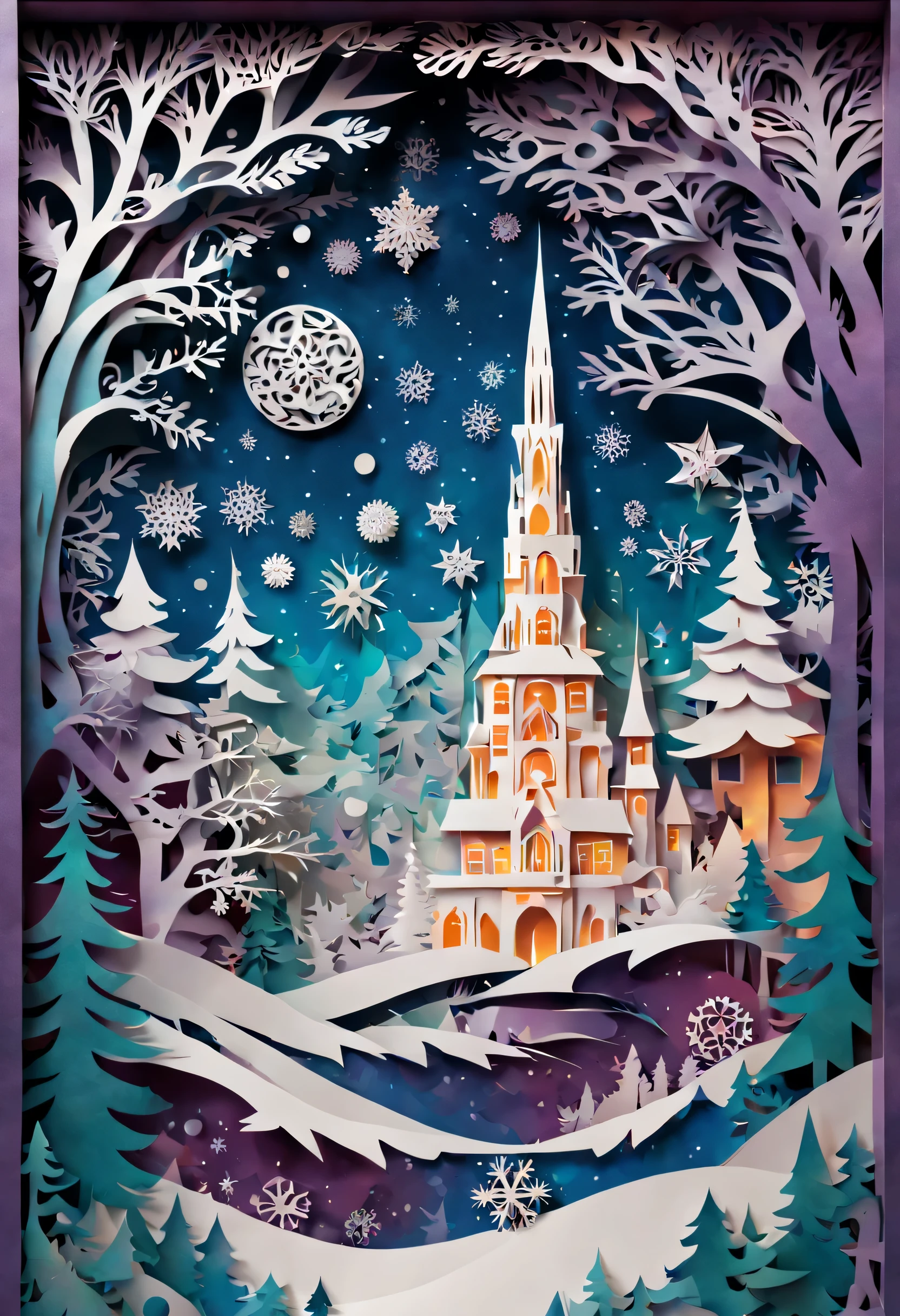 A space vision, made entirely of sheets of paper cut out in the cut-out style, kirigami and snowflakes, it's very detailed and textured. in psychedelic dusted color style