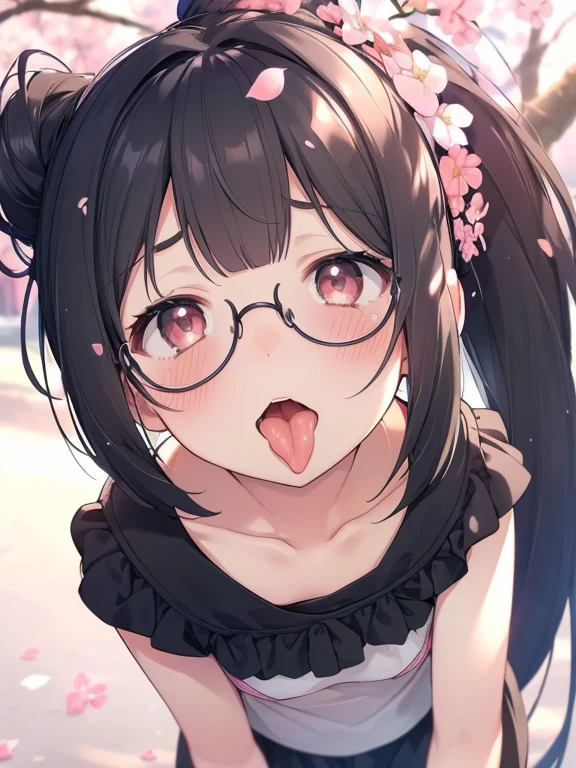 ultra-detailliert, Best Quality, hight resolution, moe-anime, ((A petite, black-haired girl with a big face and cute droopy eyes wears round glasses and looks up.)), Pretty eyes, Detailed eye depiction, Eye sparkle, Looking at Viewer, pale skin, (((Petite))), (flat chest:1.4), (blush:1.2), (big eye:1.4), a smile, Focus on the face, In the park where cherry blossoms dance, long ponytail hair, On all fours, ((super close up of tongue)), (((from above))), open_mouth, (((face only:1.4))), ((naked)), nsfw, saliva, See-through white camisole