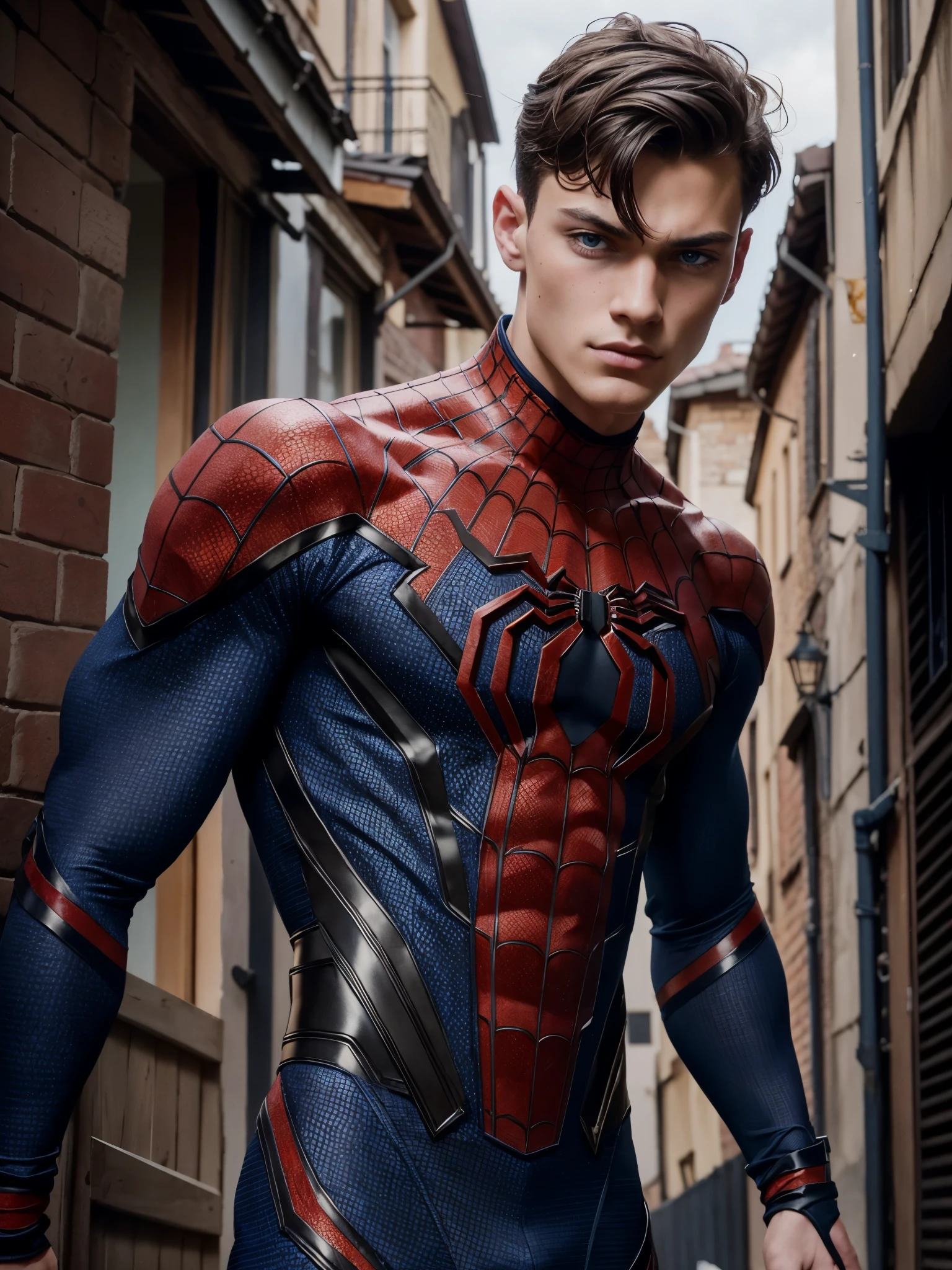 portrait of a 18 year old of a masculine male model, strong jaw line, young handsome man with a blue eyes, messy short dark hair, muscular, fit body, dark but detailed digital art, wearing a spider-man suit, in a dark alley, detailed digital painting, detailed fanart, handsome guy in demon slayer art, high detailed. digital painting, detailed portrait, inspired by Alexis Grimou, hyper detail portrait,