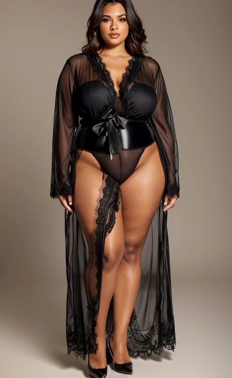 plus size sheer lace vestir with thong, in a black chiffon layered vestir, full-length view, gorgeous aristocrat vestir, plus size, aristocrat vestir, Close-up de corpo inteiro, black vestir, thin black vestir, vestido longo de luxo, plus size, deep black vestir, vestir. detalhes extremamente altos, black reflect vestir, mulher plus size, vista completa - comprimento