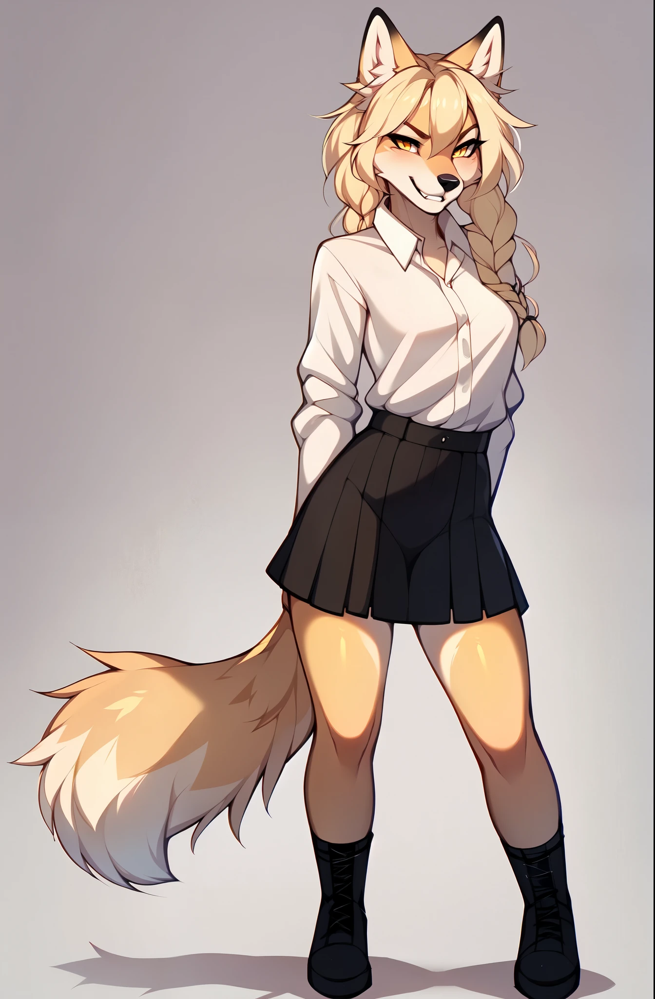 Kimiko, detailed yellow eyes, tan fox girl, white ear fluff, by hyattlen, by braeburned, by zaush, by fumiko, grinning, furrowed eyebrows, canine teeth,