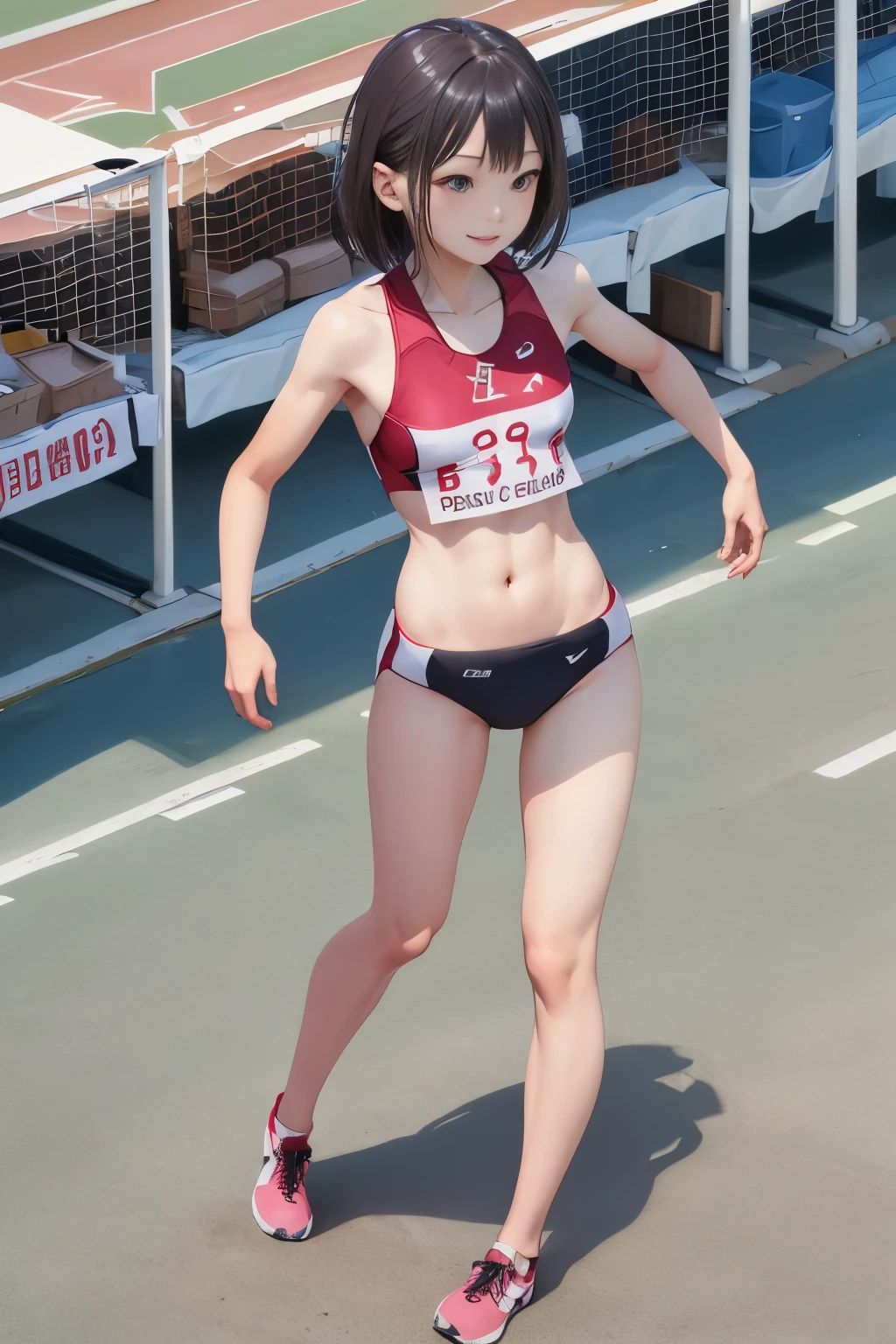 Running girl，On the playground，track and field athlete，White track vest，Gray blue sports shorts，She exposes her navel，skin shiny，sweat，running posture，Oncoming blue sky and white clouds，realistic，
