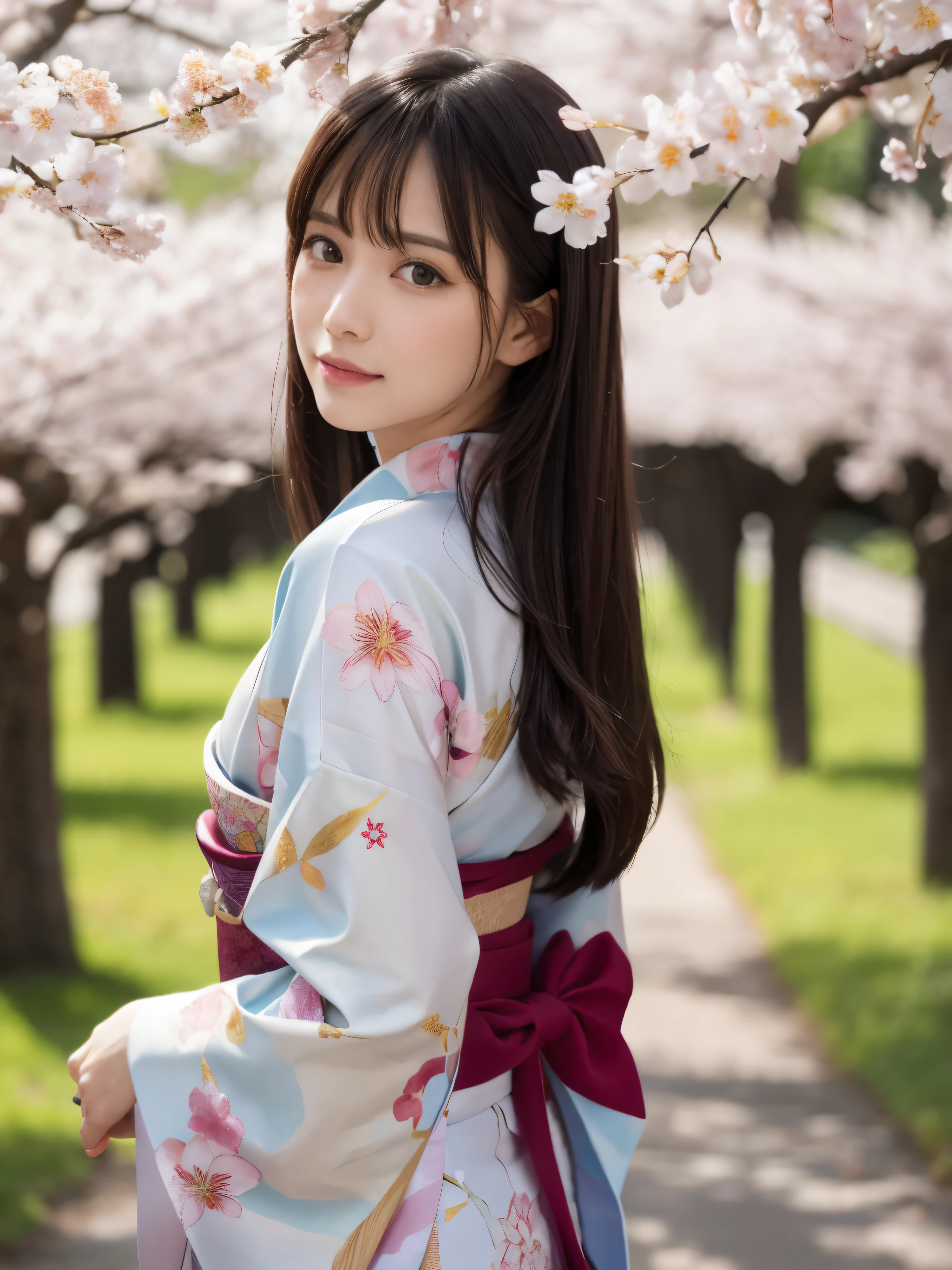 (Kimono)、ピンク色のKimono,top-quality,​masterpiece:1.3,超A high resolution,),(ultra-detailliert,Caustics),(Photorealsitic:1.4,RAW shooting,)Ultra-realistic capture,A highly detailed,high-definition16Kfor human skin、 Skin texture is natural、、The skin looks healthy with an even tone、 Use natural light and color,One Woman,japanes,,kawaii,A dark-haired,Middle hair,(depth of fields、chromatic abberation、、Wide range of lighting、With the cherry blossoms in full bloom at Osaka Expo Park in the background，Under the sparkling sun，