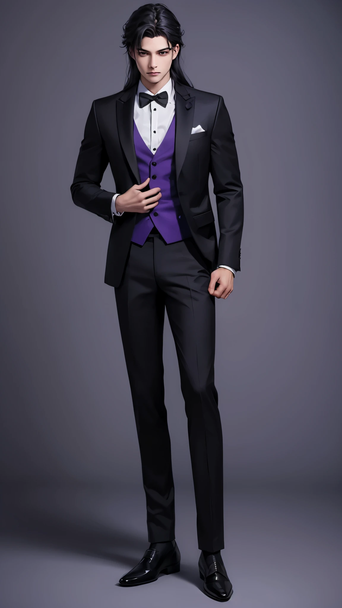 Formal, short hair, thick eyebrows, digital, anime style 4K, sleeve dark purple, black hair, standing, dark purple outfit formal, long hair wolf cut, normal pose, half body