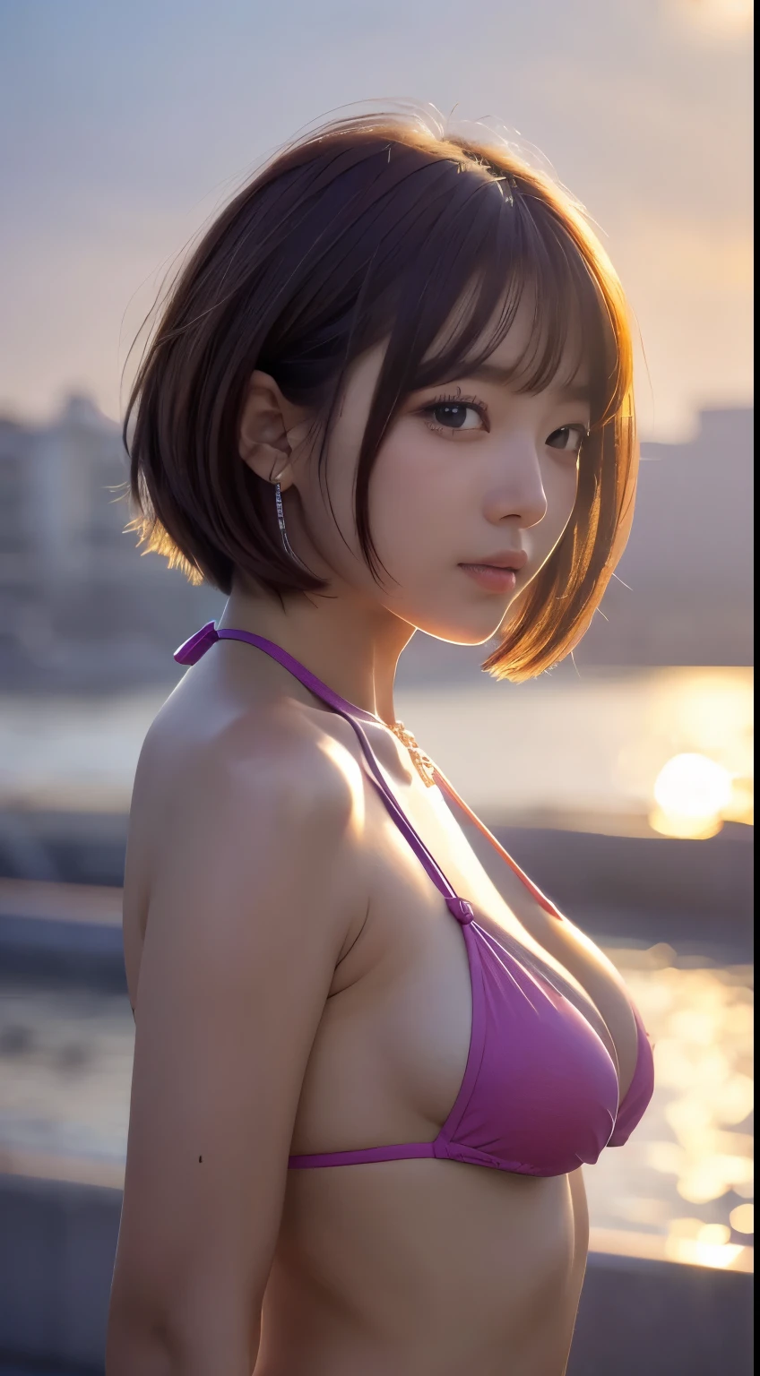 (Best Quality,4K,8K,hight resolution,masutepiece:1.2),Ultra-detailed,(Realistic,photoRealistic,photo-Realistic:1.37), Studio Lighting,Ultra-fine painting,Sharp Focus,Physically-based rendering, extreme detail description,Professional,Vivid colors, Bokeh, Portraits, landscape, beautiful bob haircut girl, Beautiful detailed eyes, plump breast, colourful bikini, School, a beautiful girl in the photo, sunset seashore, Watching the viewer, blushed face, (from below:1.4), Japanese idol, Korean idol, masterpiece