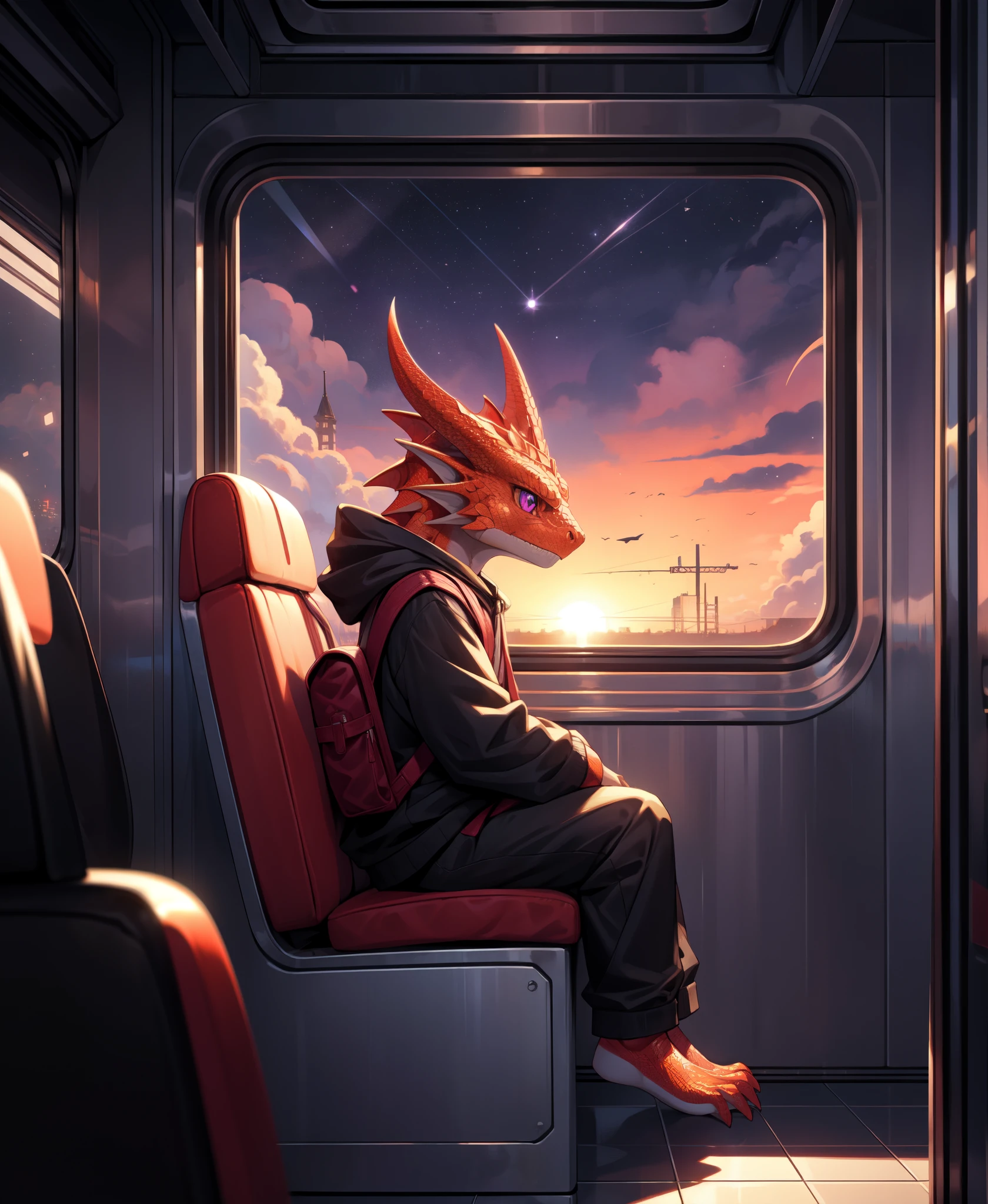 (From side below:1.5),best hands,best quality,(masterpiece,ultra detailed 8k art,fantasy),Inside the train, (,pet:1.32),sitting on a train seat,(focus red lizard boy,solo,lizard purple eyes,anthro,Looking out the window:1.2),scales,(halation,Full body:1.55),night,hug a backpack,look at the side window BREAK
 looking lonely,Black hoodie,alone, long horns, sad, night view,My image reflected in the window,metropolis