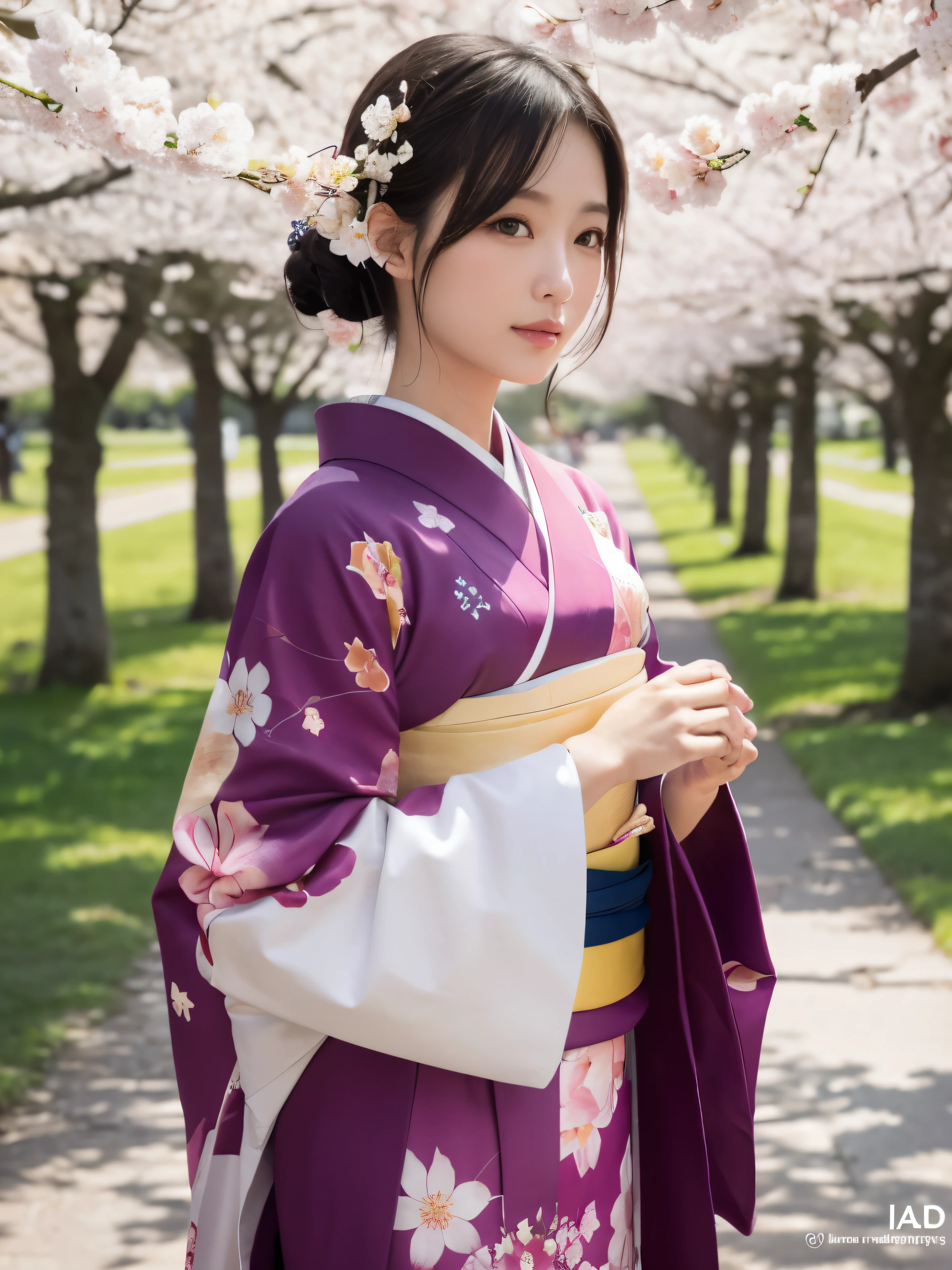 (Kimono)、ピンク色のKimono,top-quality,masterpiece:1.3,超A high resolution,),(ultra-detailliert,Caustics),(Photorealsitic:1.4,RAW shooting,)Ultra-realistic capture,A highly detailed,high-definition16Kfor human skin、 Skin texture is natural、、The skin looks healthy with an even tone、 Use natural light and color,One Woman,japanes,,kawaii,A dark-haired,Middle hair,(depth of fields、chromatic abberation、、Wide range of lighting、With the cherry blossoms in full bloom at Osaka Expo Park in the background,Under the sparkling sun,
