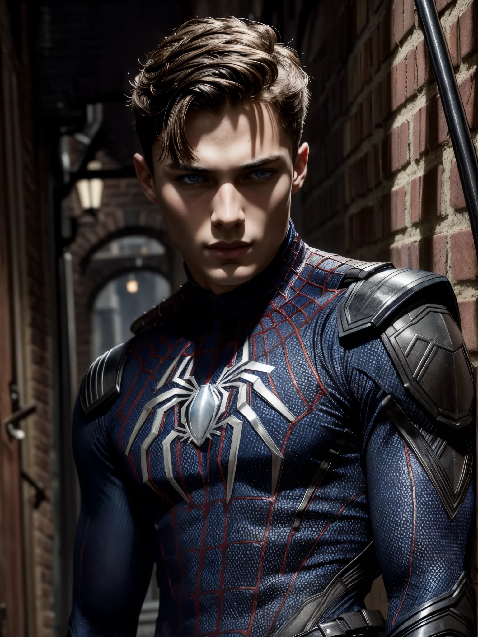 masterpiece, best quality, ultra-detailed, high resolution, extremely detailed, portrait of a 18 year old of a masculine male model, strong jaw line, young handsome man with a blue eyes, messy short dark hair, muscular, fit body, dark but detailed digital art, wearing a spider-man suit, in a dark alley, detailed digital painting, detailed fanart, handsome guy slayer art, high detailed, digital painting, detailed portrait, inspired by Alexis Grimou, hyper detail portrait,