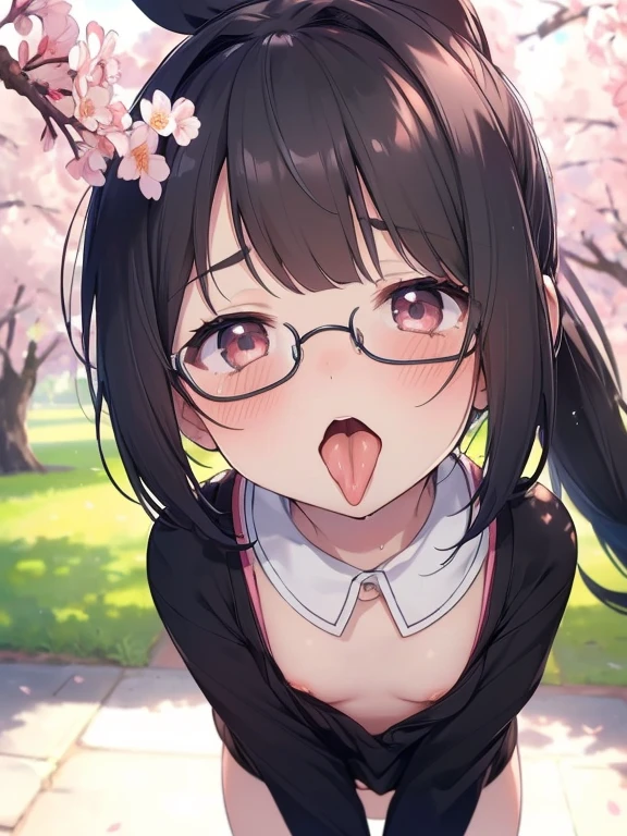 ultra-detailliert, Best Quality, hight resolution, moe-anime, ((A petite, black-haired girl with a big face and cute droopy eyes wears round glasses and looks up.)), Pretty eyes, Detailed eye depiction, Eye sparkle, Looking at Viewer, pale skin, (((Petite))), (flat chest:1.4), (blush:1.2), (big eye:1.4), a smile, Focus on the face, In the park where cherry blossoms dance, long ponytail hair, On all fours, ((super close up of tongue)), (((from above))), open_mouth, (((face only:1.4))), ((naked)), nsfw, saliva, Sheer clothes