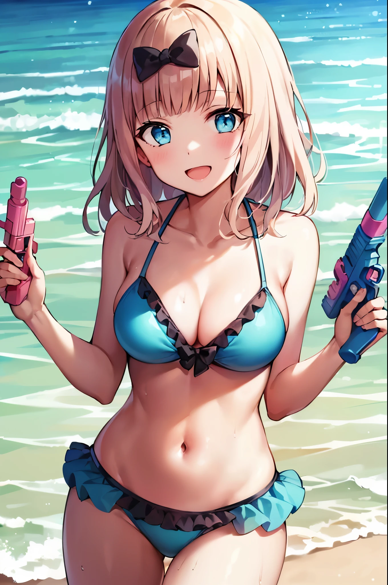 2D, masterpiece, top-quality, animesque, ighly detailed, cowboy shot, 1girl in, 独奏, fujiwara chika, blue eyess, A pink-haired, Hair Bow, Black bow, (Light blue bikini:1.3), (with frills:1.3), (water gun:1.3), Beach background, The best smile, open open mouth,