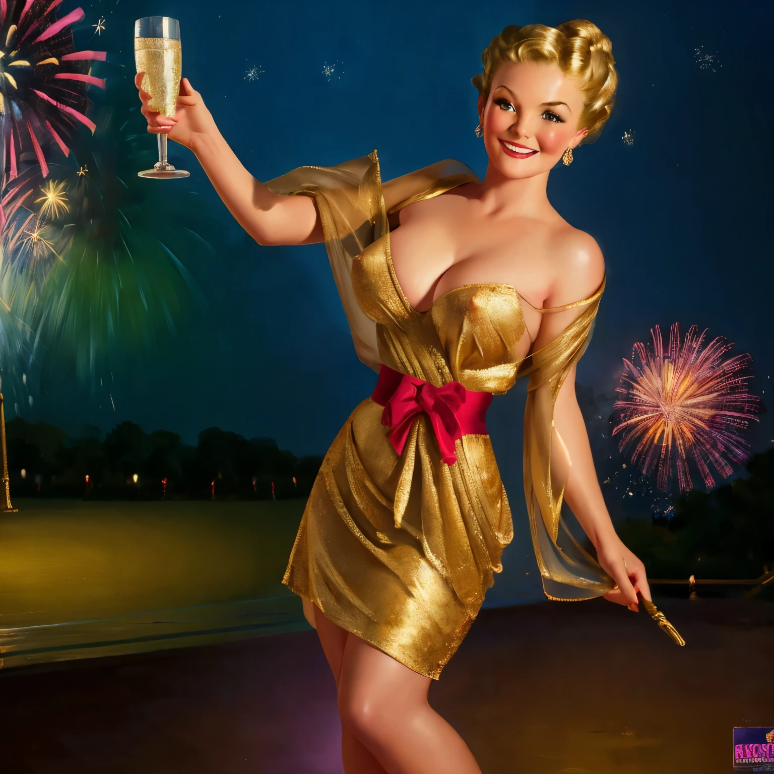 nsfw, photorealistic, beautiful face, (masterpiece:1.4), (best quality:1.4), extremely detailed, hyper-detailed, soft lighting, 45 years old pin-up woman standing in jubilant pose with champagne glass in her hand, big breasts, hard nipples, short blonde hairbun, shaved pubic area, (perfect_face), dressed in a short semitransparent golden dress, high heels , intricate, 4k, detailed_background,  full_body, realistic, 8k, sexy, very cheeky smile, very challenging facial expression, dimmed light and a firework in the backround