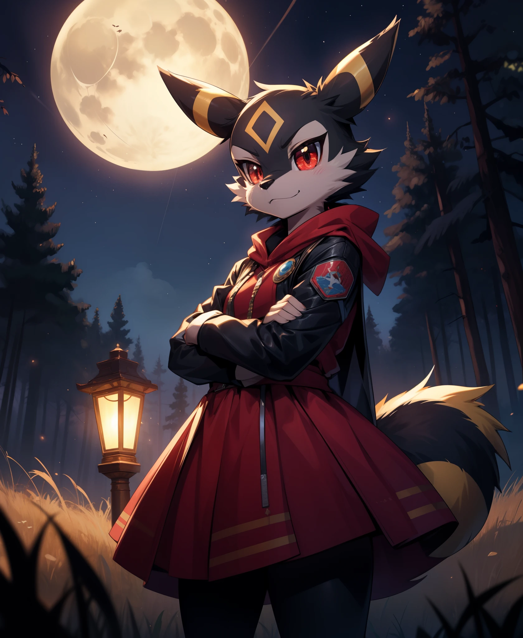 1girl,anthro, umbreon, black body fur, gold markings, pokemon, red eyes, fluffy fur, at night, moonlight, forest, detailed background, best quality,