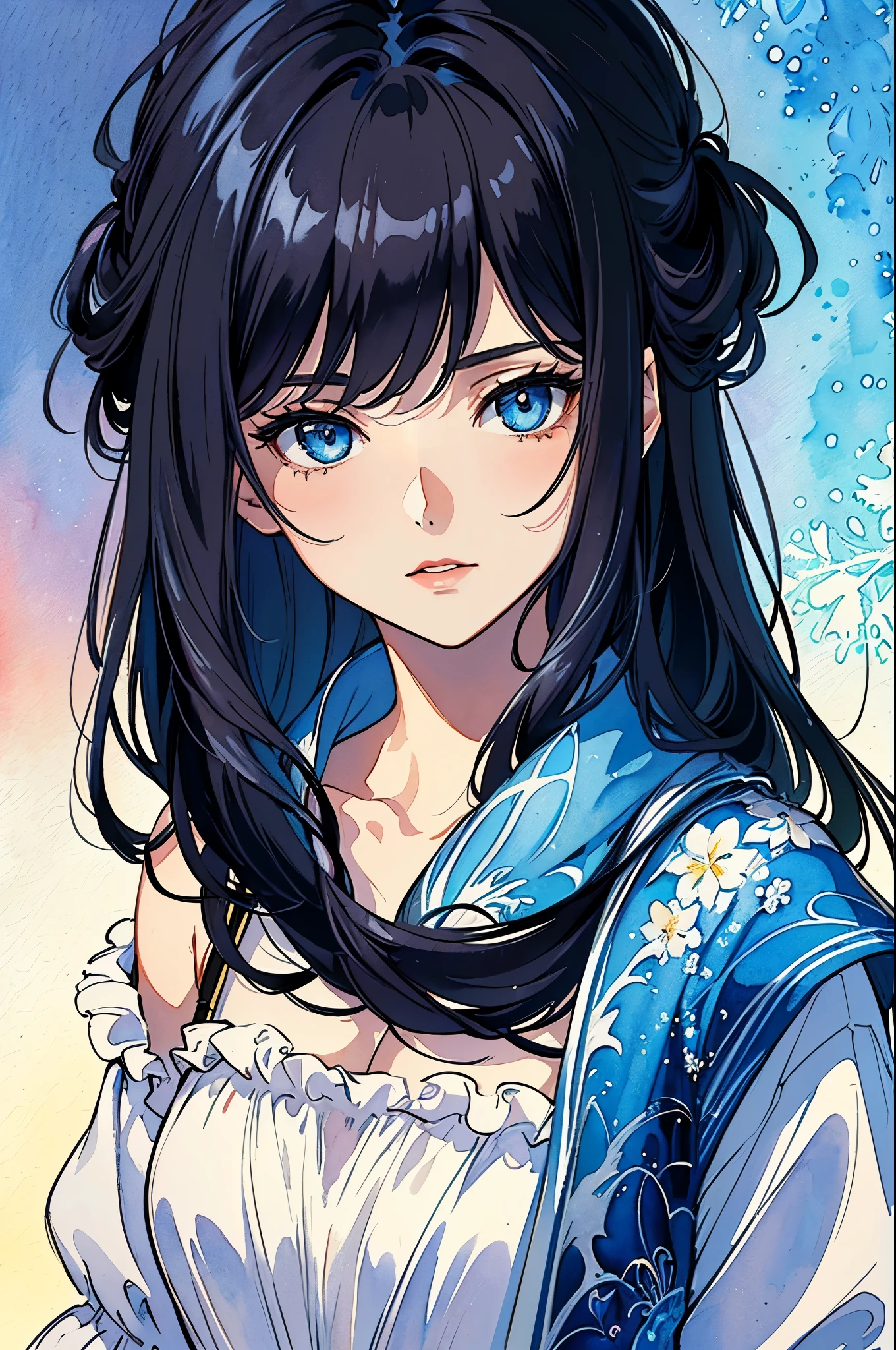 (Masterpiece, Top Quality, Best Quality, watercolour (medium), official arts, Beauty and Aesthetics: 1.2), (1girl 25 years old: 1.3), (s fractal art: 1.3), clean background, Background, full - body, gaze at the viewer, (Black long hair, Colored hair, blue eyes: 1.2), a closeup of a