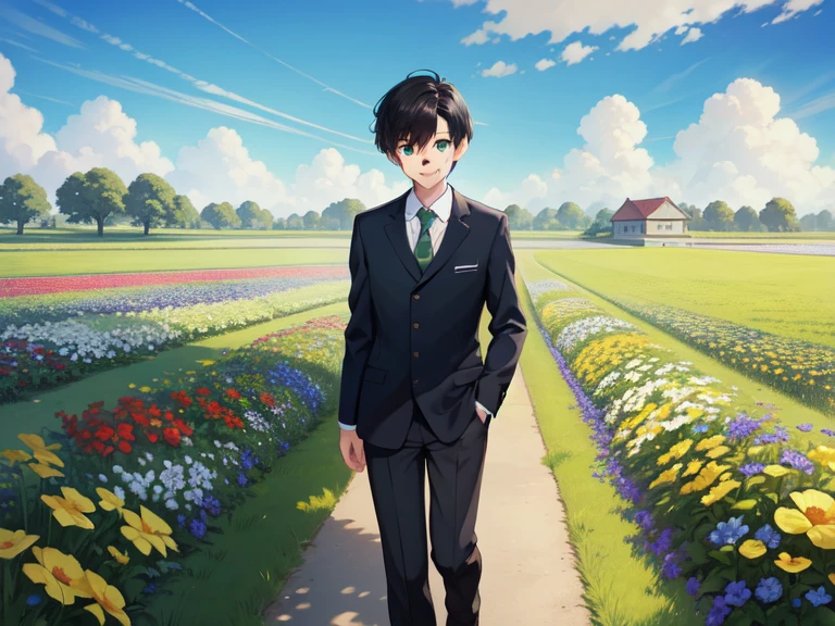 Masterpiece, best quality, 1boy, green eyes, best eyes, short black hair, wear school uniform, walking, smile, in the flower field, outdoors, blue sky, clouds