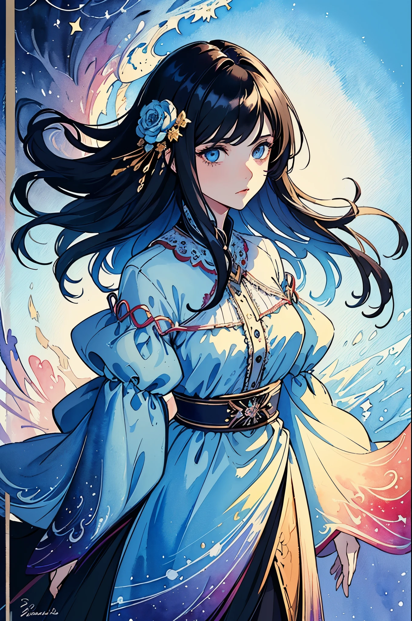 (Masterpiece, Top Quality, Best Quality, watercolour (medium), official arts, Beauty and Aesthetics: 1.2), (1girl 25 years old: 1.3), (s fractal art: 1.3), clean background,  Background, full - body, gaze at the viewer, (Black long hair, Colored hair, blue eyes: 1.2), a closeup of a