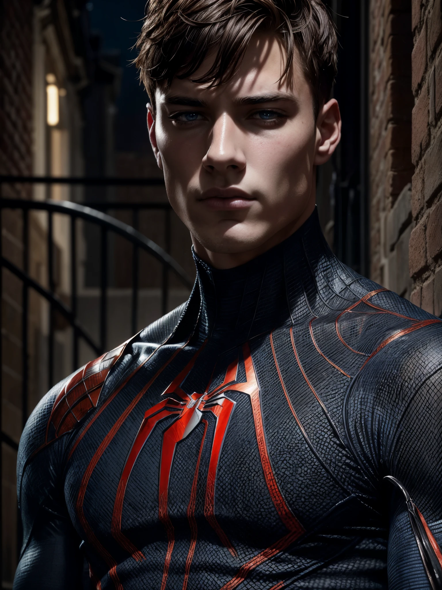 masterpiece, best quality, ultra-detailed, high resolution, extremely detailed, portrait of a 18 year old of a masculine male model, strong jaw line, young handsome man with a blue eyes, messy short dark hair, muscular, fit body, dark but detailed digital art, wearing a spider-man suit, in a dark alley, detailed digital painting, detailed fanart, handsome guy slayer art, high detailed, digital painting, detailed portrait, inspired by Alexis Grimou, hyper detail portrait, dark atmosphere, dark night,