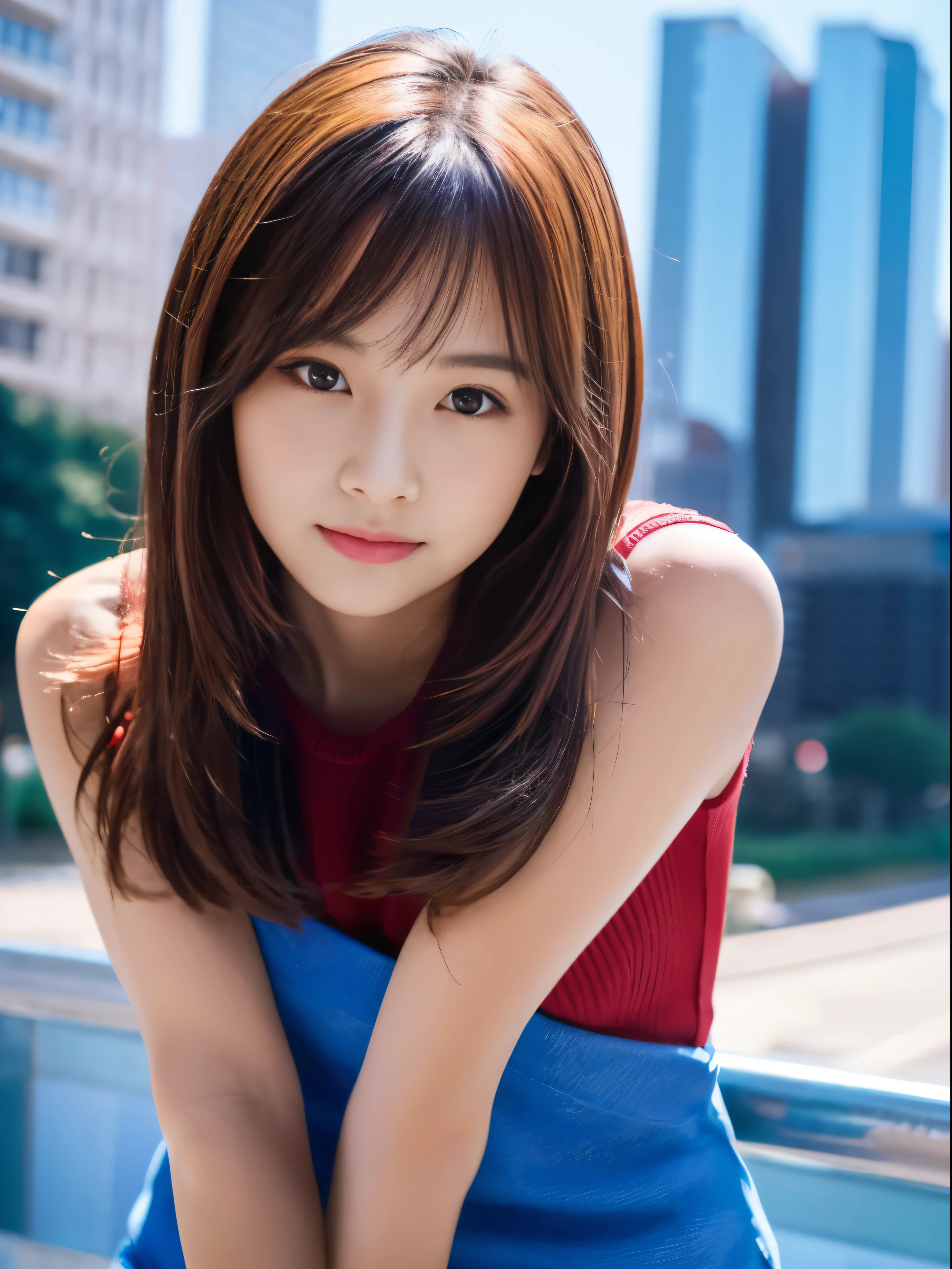 High-quality images,High quality, Perfect Lighting, Detailed face, Detailed body, 1 girl, Solo, blue shirt and red miniskirt,With high definition images,The background is Luxury residential area,sunny morning,