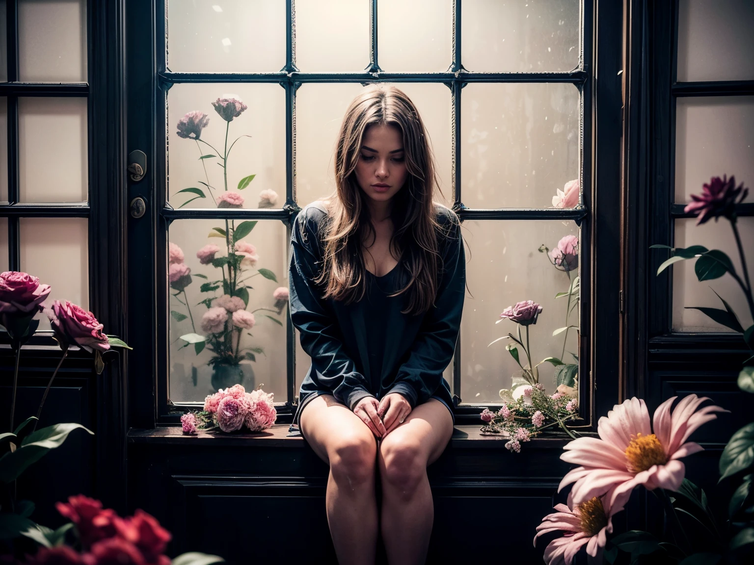 we see a woman through a door window so jaw-droppingly beautiful that she must be isolated in a room complexly filled with flowers, every flower is in a different moody color, she sits, she must be alone or everyone will fall in love, she is in a room of moody flowers