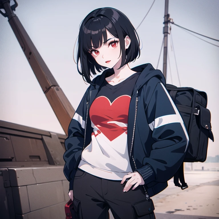 Girl with short black hair with red tips, cargo pants and striped sweatshirt with red eyes and blue lipstick