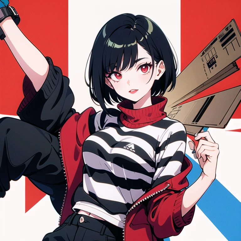 Girl with short black hair with red tips, cargo pants and striped sweatshirt with red eyes and blue lipstick