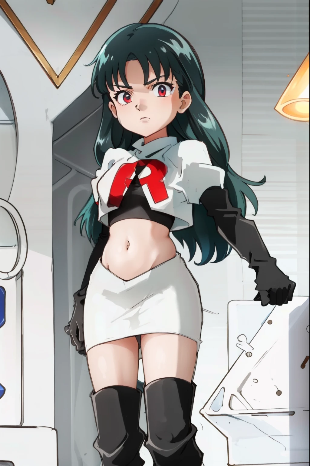 SabrinaPKMN,1girl,long hair,black hair,team rocket, team rocket uniform, red letter R, white skirt, white crop top, black thigh-high boots, black elbow gloves,