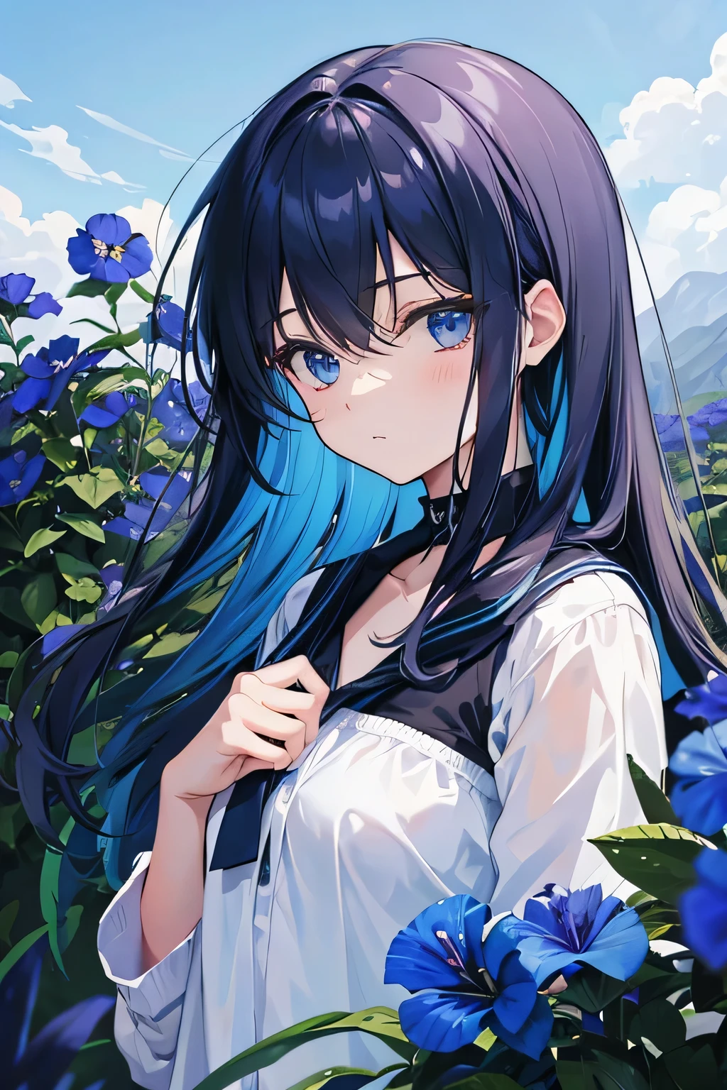 girl against a blue field, dark colored hair, blue flowers, cold colors, lost look