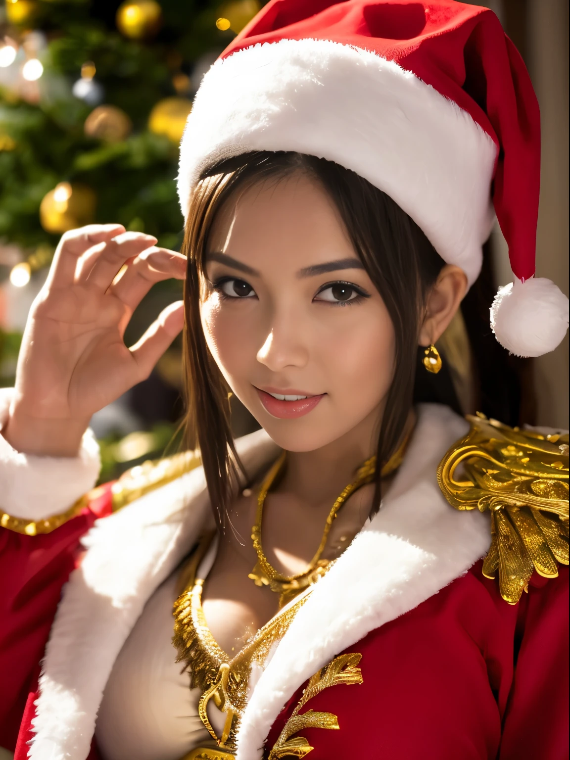 ((Beautuful Women))，(red and gold santa claus costume：1.5)，Christmas tree，Black hair，Photorealsitic，surrealism, F/1.2, 35 mm, Fuji Film, 8K, Super Detail, nffsw, masutepiece, ccurate, Anatomically correct, Textured skin, Super Detail, high details, High quality, Best Quality, hight resolution