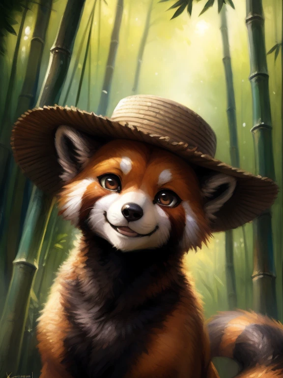 by kenket, by totesfleisch8, (by thebigslick, by silverfox5213:0.8), (by syuro:0.2), ((masterpiece)), best quality, illustration, solo, red panda, ((feral)), dark brown eyes, orange-brown fur, bamboo forest, smiling, ((cute)), Chinese straw hat, day, natural lighting, soft shading, outside, by dagasi, (by personalami), [by Ruan Jia].