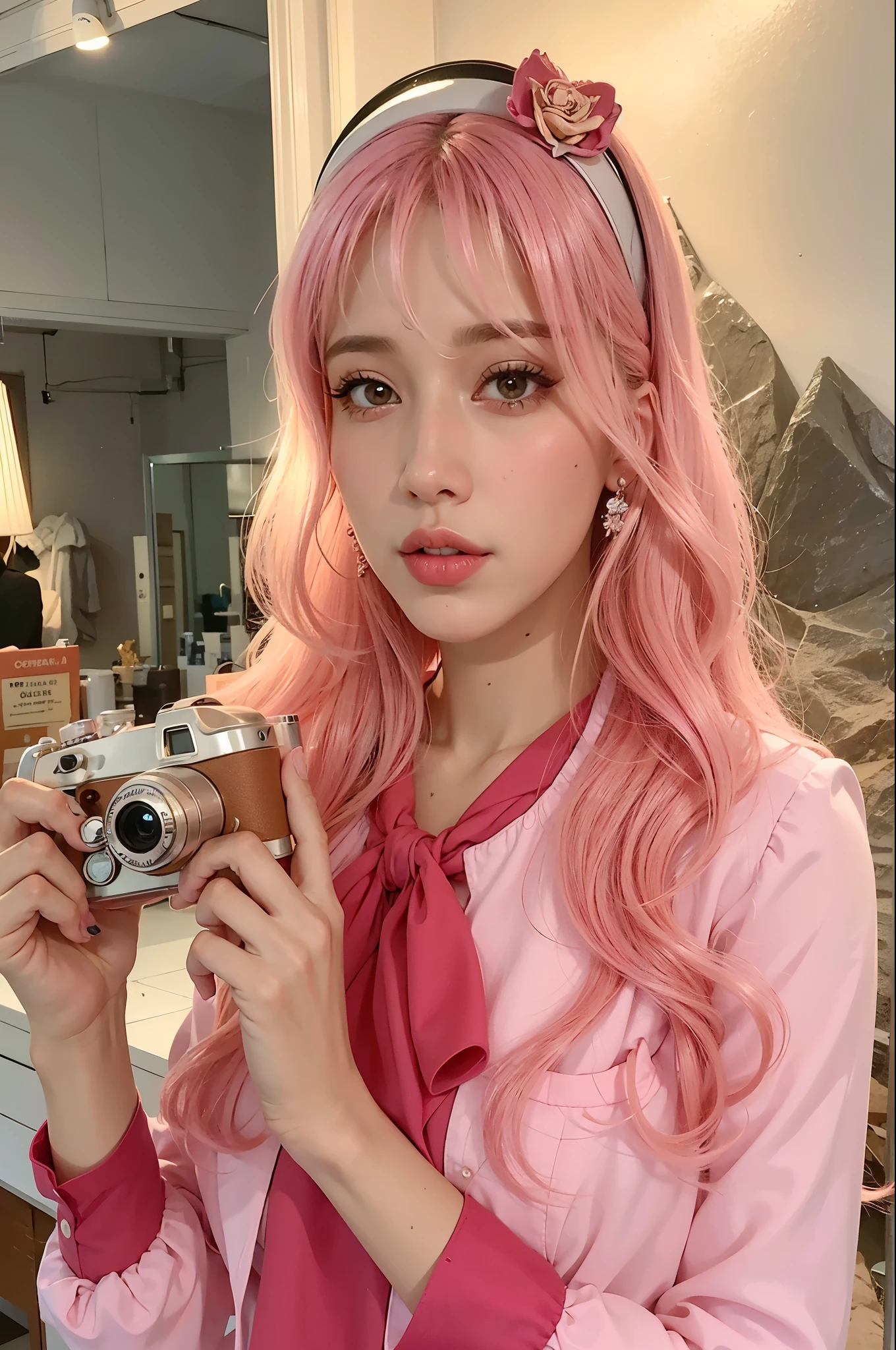 there is a woman con cabello rosado holding a camera, long cabello rosado que fluye, Hermosa Delphine, cabello rosado que fluye, Cabello rosa tenue, Pelo largo chicle, inspirado en Ivana Kobilca, con cabello rosado, Cabello largo y rosado, Irina Nordsol Kuzmina, cabello liso rosa, Cabello largo con flequillo completo, Chica rosa, Cabello largo con colores pastel