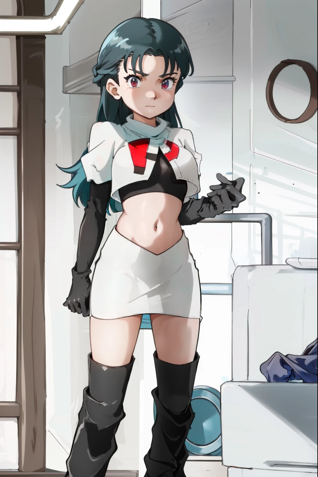 SabrinaPKMN,1girl,long hair,black hair,team rocket, team rocket uniform, red letter R, white skirt, white crop top, black thigh-high boots, black elbow gloves,