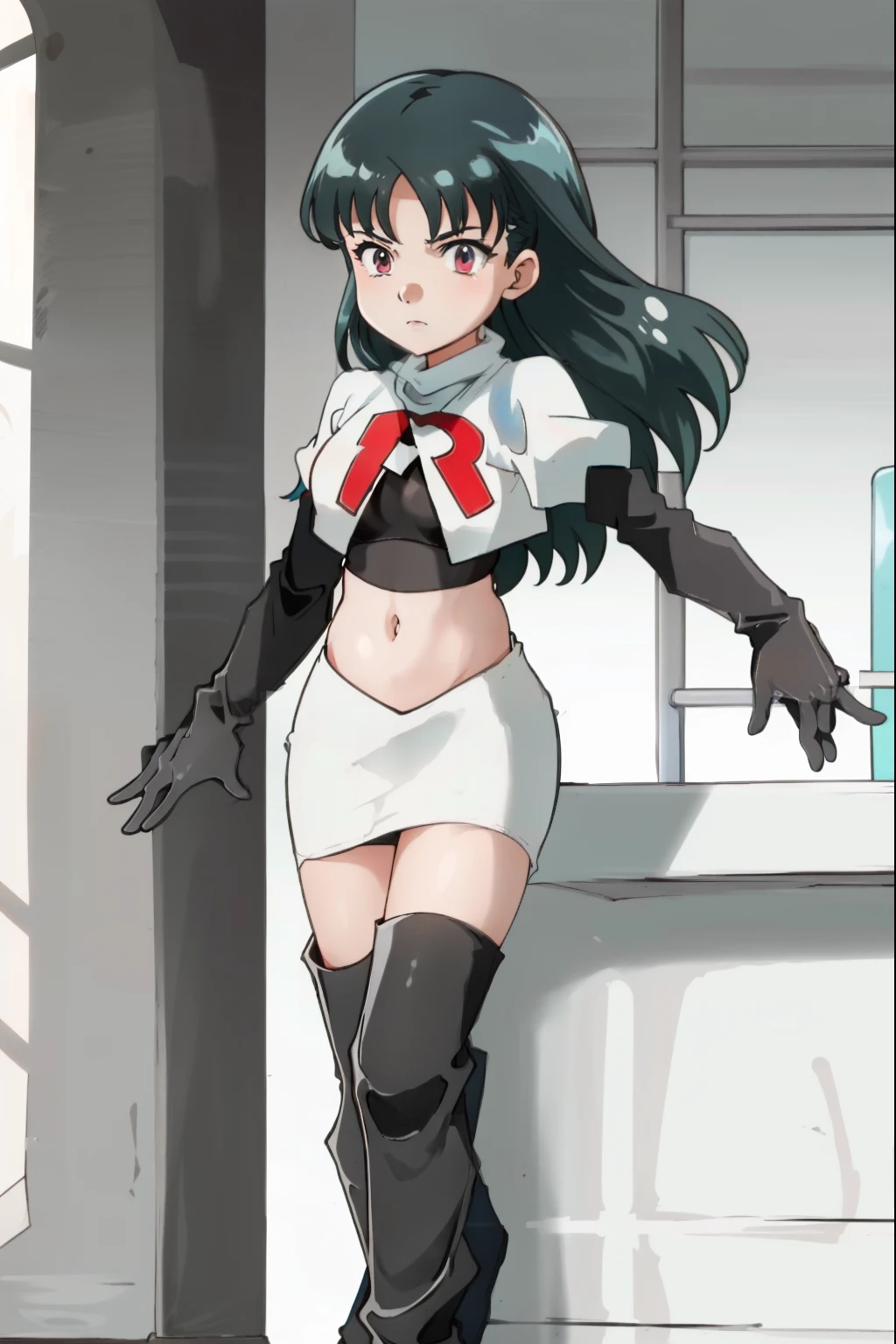 SabrinaPKMN,1girl,long hair,black hair,team rocket, team rocket uniform, red letter R, white skirt, white crop top, black thigh-high boots, black elbow gloves,