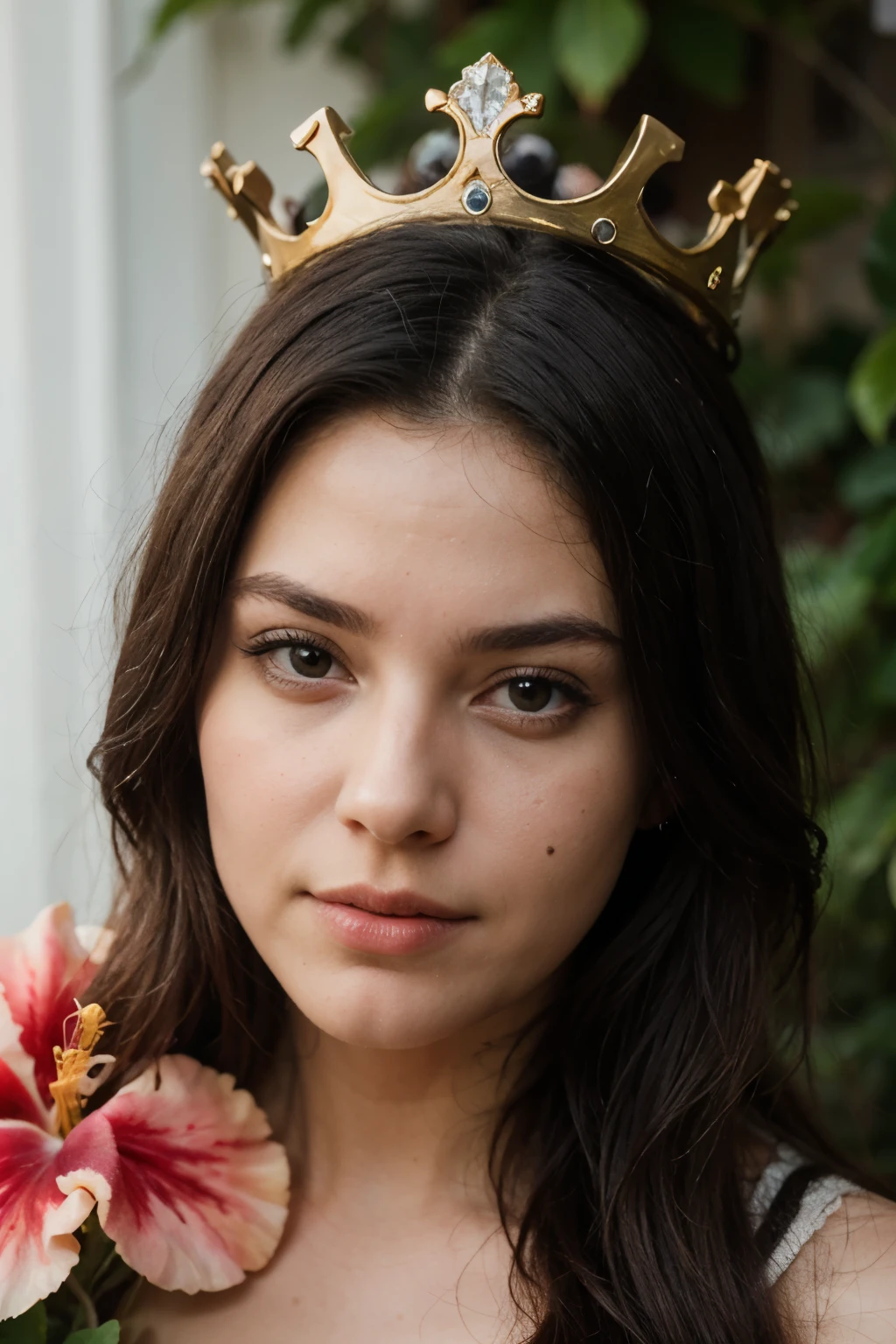 Queen face, black hair, crown with snake and hibiscus