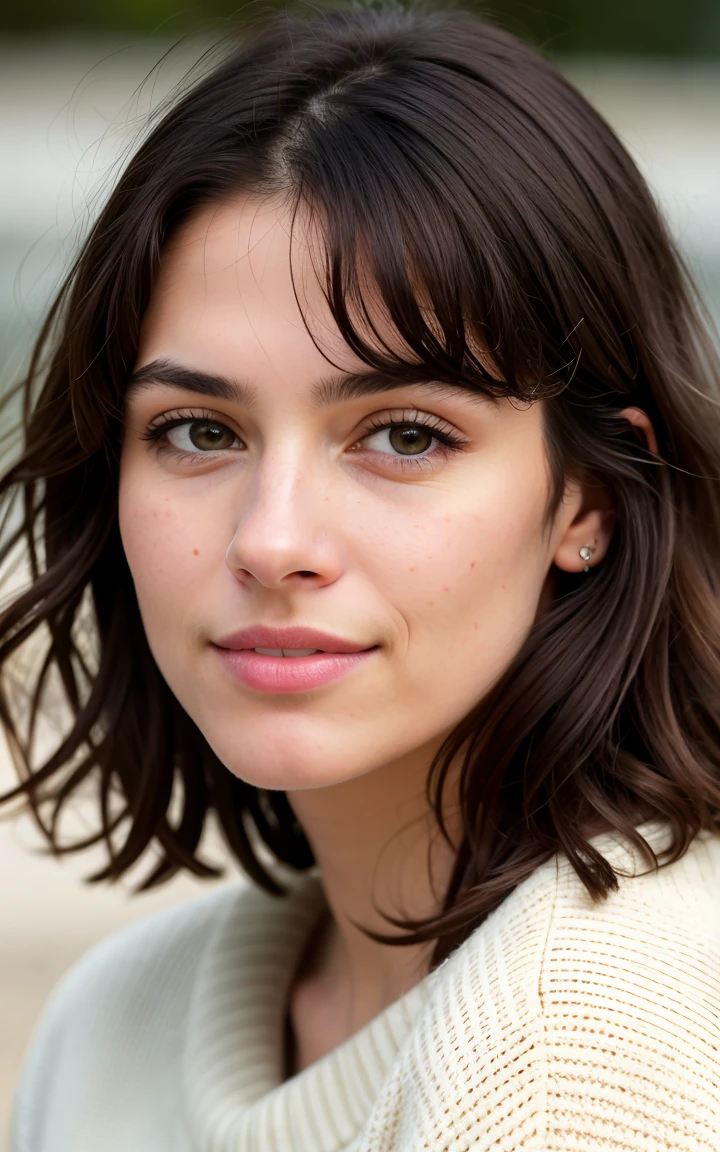 Portait photography of beautiful brunette wearing light beige sweater, very detailed, 30 years old, innocent face, black short wavy hair, brown eyes, high resolution, masterpiece, best quality, intricate details, highly detailed, sharp focus, detailed skin, realistic skin texture, texture, detailed eyes, professional, 4k, charming smile, shot on Canon, 85mm, shallow depth of field,  kodak vision color, perfect fit body, extremely detailed, foto_\(ultra\), photorealistic, realistic, post-processing, maximum detail, roughness, real life, ultra realistic, photorealism, photography, 8k uhd, photography