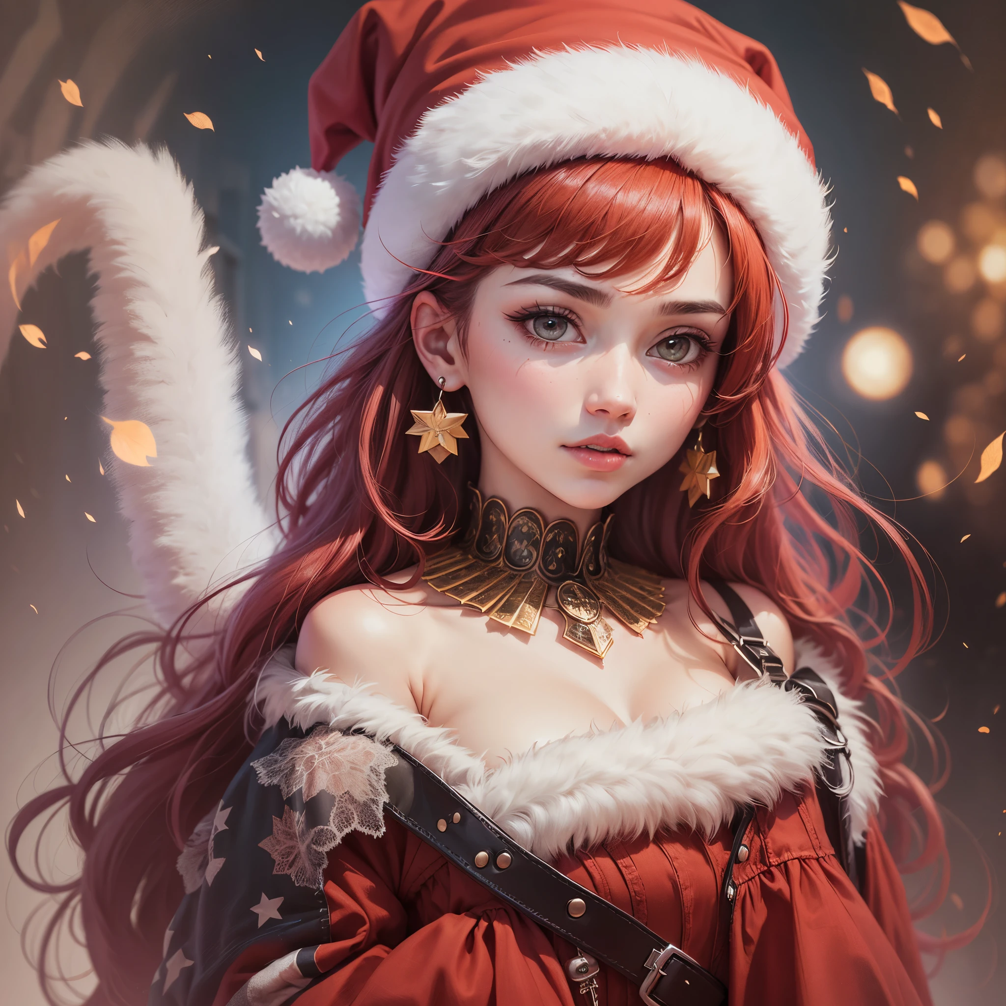 Portrait of a red haired woman wearing a Santa hat and star earrings --auto --s2