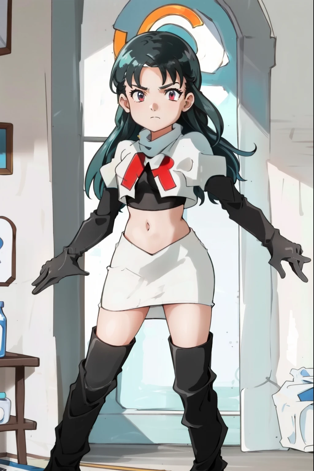 SabrinaPKMN,1girl,long hair,black hair,team rocket, team rocket uniform, red letter R, white skirt, white crop top, black thigh-high boots, black elbow gloves,