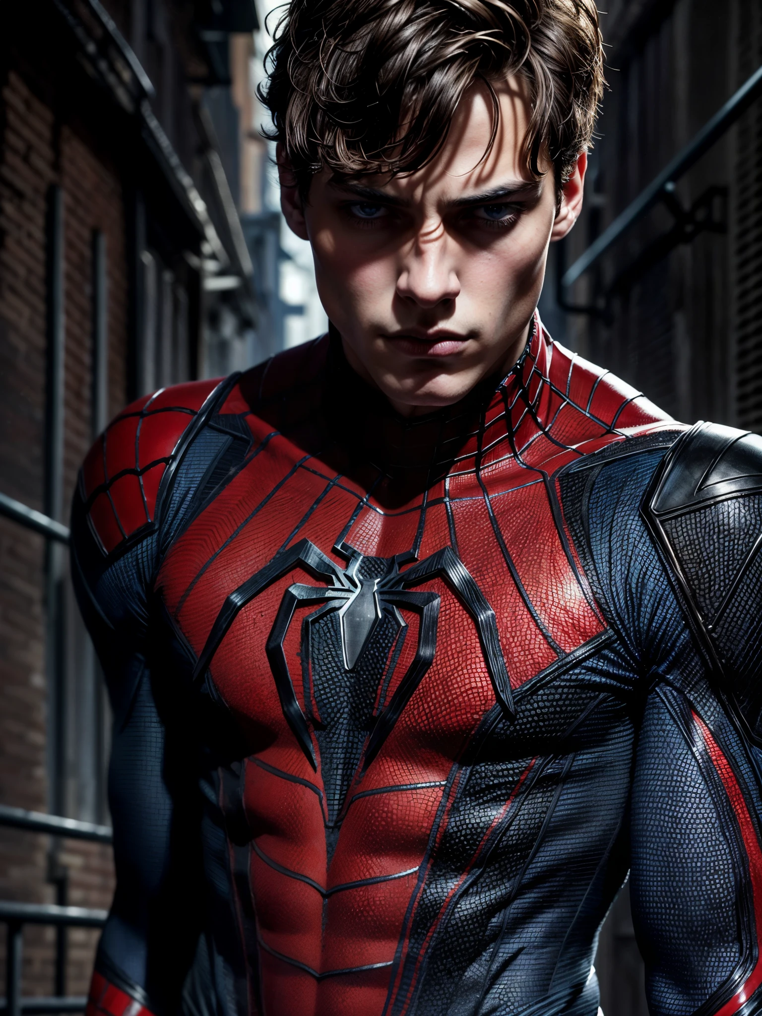 masterpiece, best quality, ultra-detailed, high resolution, extremely detailed, portrait of a 18 year old of a masculine male model, strong jaw line, young handsome man with a blue eyes, messy short dark hair, wavy hair, muscular, fit body, dark but detailed digital art, wearing a tight spider-man suit, tight fit spider man suit, in a dark alley, detailed digital painting, detailed fanart, handsome guy slayer art, high detailed, digital painting, detailed portrait, inspired by Alexis Grimou, hyper detail portrait, dark atmosphere, dark night,