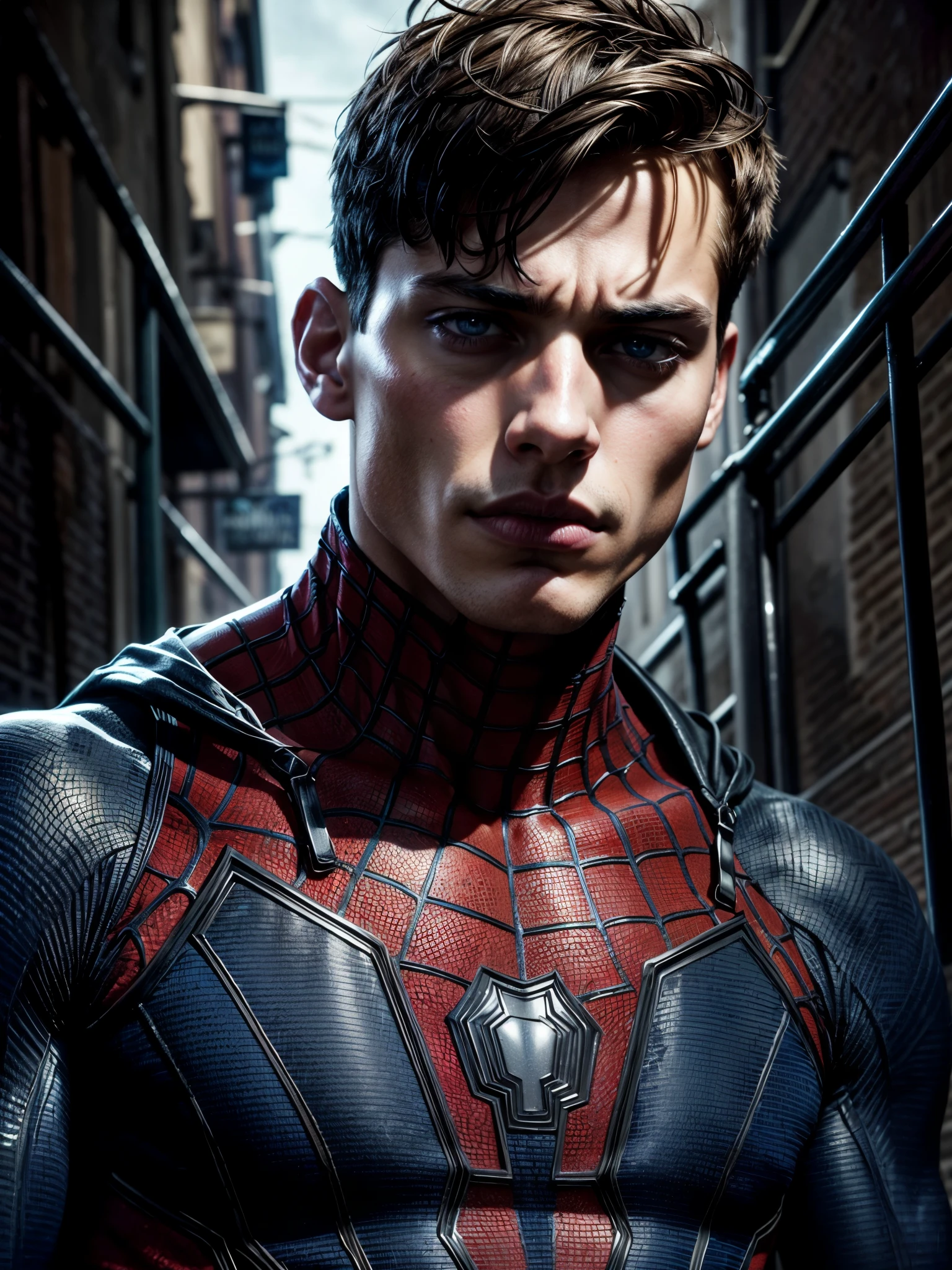 masterpiece, best quality, ultra-detailed, high resolution, extremely detailed, portrait of a 18 year old of a masculine male model, strong jaw line, young handsome man with a blue eyes, messy short dark hair, wavy hair, muscular, fit body, dark but detailed digital art, wearing a tight spider-man suit, tight fit spider man suit, in a dark alley, detailed digital painting, detailed fanart, handsome guy slayer art, high detailed, digital painting, detailed portrait, inspired by Alexis Grimou, hyper detail portrait, dark atmosphere, dark night,