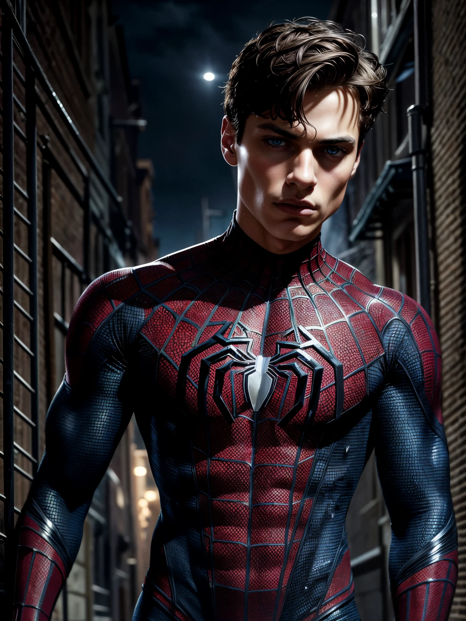 masterpiece, best quality, ultra-detailed, high resolution, extremely detailed, (full body shot:1.3), portrait of a 18 year old of a masculine male model, strong jaw line, young handsome man with a blue eyes, messy short dark hair, wavy hair, muscular, fit body, dark but detailed digital art, wearing a tight spider-man suit, tight fit spider man suit, in a dark alley, detailed digital painting, detailed fanart, handsome guy slayer art, high detailed, digital painting, detailed portrait, inspired by Alexis Grimou, hyper detail portrait, dark atmosphere, dark night,