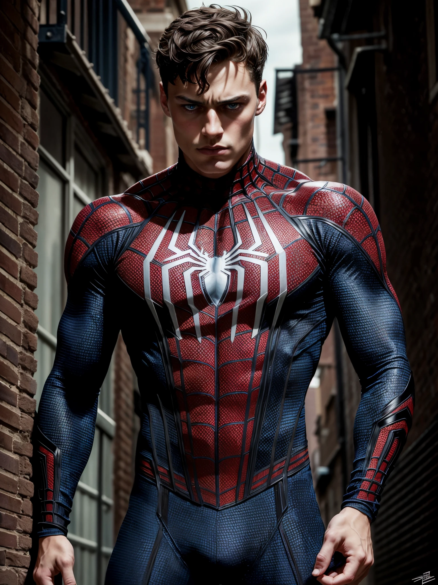 masterpiece, best quality, ultra-detailed, high resolution, extremely detailed, (full body shot:1.3), portrait of a 18 year old of a masculine male model, strong jaw line, young handsome man with a blue eyes, messy short dark hair, wavy hair, muscular, fit body, dark but detailed digital art, wearing a tight spider-man suit, tight fit spider man suit, in a dark alley, detailed digital painting, detailed fanart, handsome guy slayer art, high detailed, digital painting, detailed portrait, inspired by Alexis Grimou, hyper detail portrait, dark atmosphere, dark night,