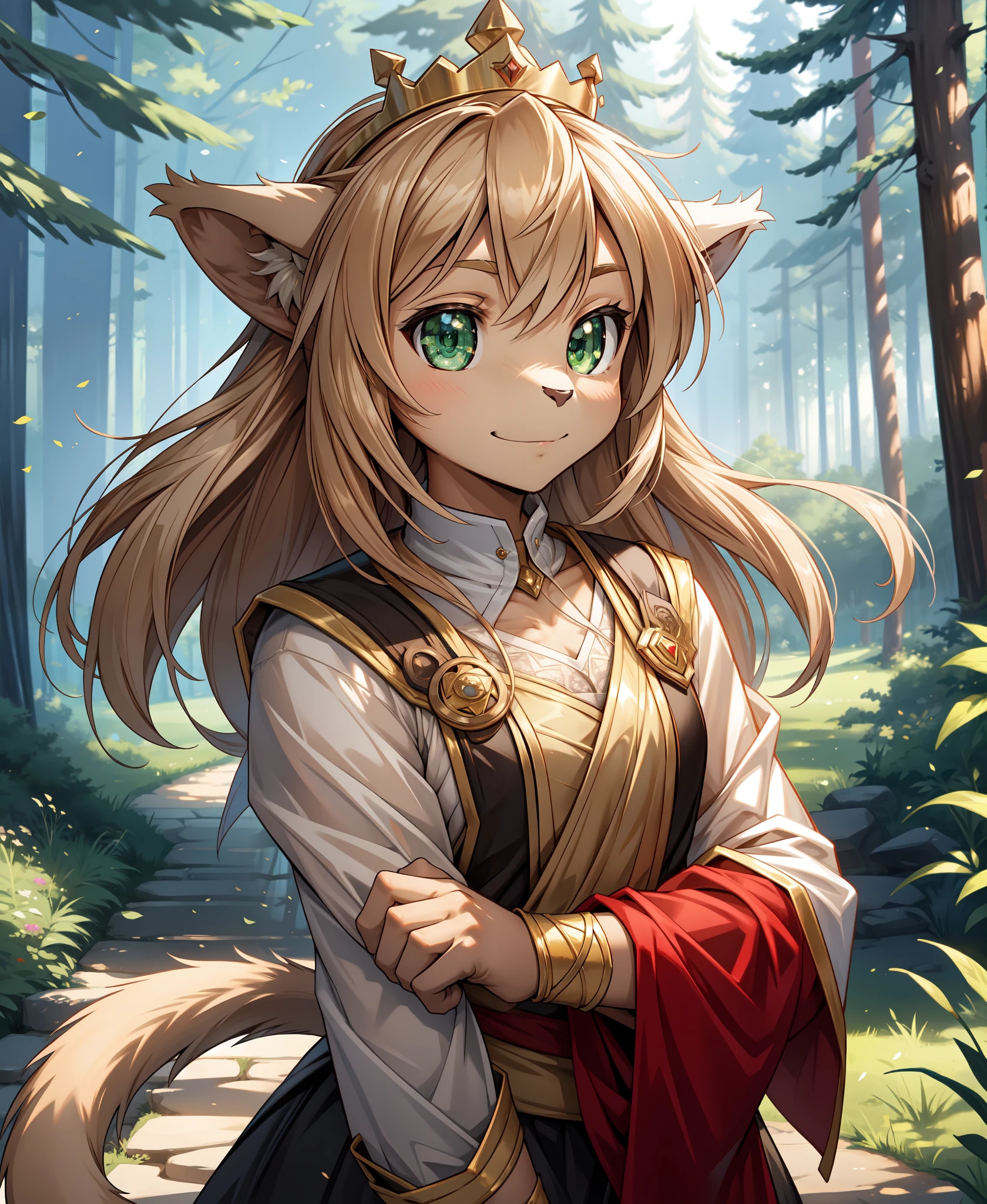 by kenket, by totesfleisch8, (by thebigslick, by silverfox5213:0.8), (by syuro:0.2),, king-adelaide, twokids, (best quality, masterpiece:1), solo, furry female anthro, green eyes, arm wraps, long hair, light brown hair, portrait, fingers, finger claws, looking at viewer, feline tail, strong, muscular, crown, (outdoors dark forest trees blurry blurred background:1.1),