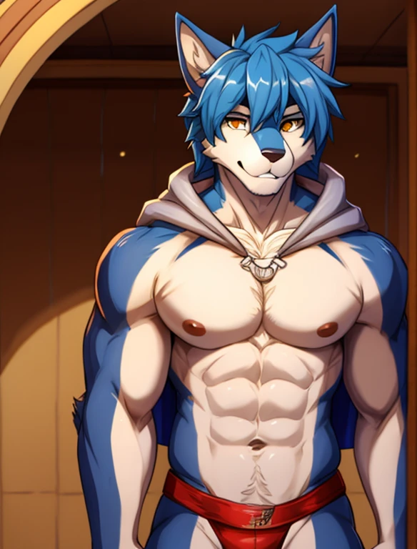 Furry boy teenager,with Blue hair, withHood jacket, Yellow eyes, muscular body, no shirt, naked