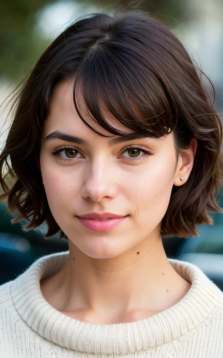 Portait photography of beautiful brunette wearing light beige sweater, very detailed, 30 years old,looking straight into camera, innocent face, black short wavy hair, brown eyes, high resolution, masterpiece, best quality, intricate details, highly detailed, sharp focus, detailed skin, realistic skin texture, texture, detailed eyes, professional, 4k, charming smile, shot on Canon, 85mm, shallow depth of field,  kodak vision color, perfect fit body, extremely detailed, foto_\(ultra\), photorealistic, realistic, post-processing, maximum detail, roughness, real life, ultra realistic, photorealism, photography, 8k uhd, photography