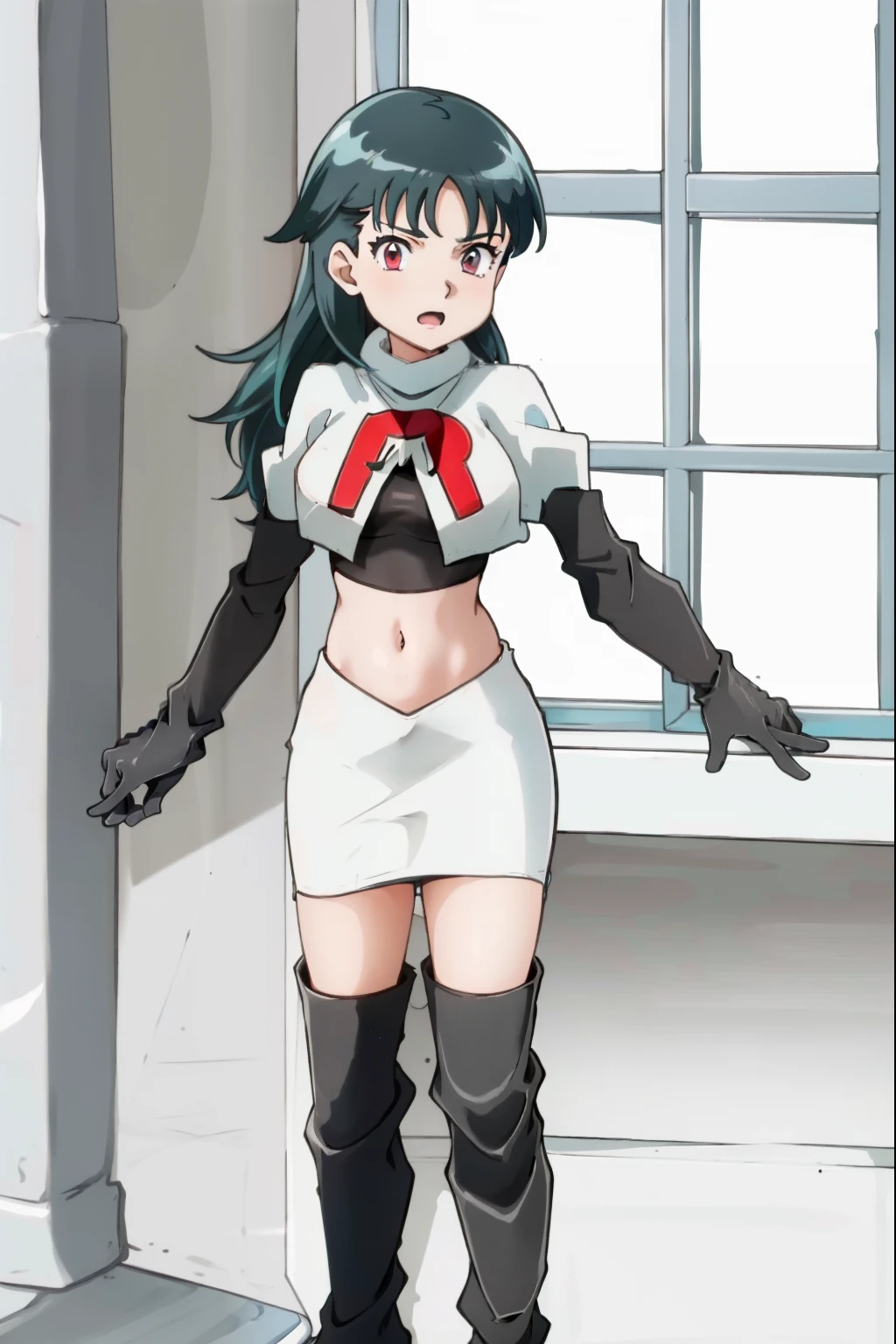 SabrinaPKMN,1girl,long hair,black hair,team rocket, team rocket uniform, red letter R, white skirt, white crop top, black thigh-high boots, black elbow gloves,