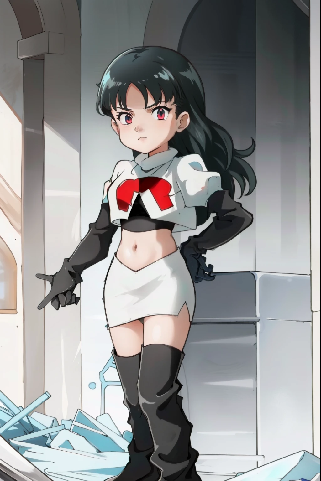 SabrinaPKMN,1girl,long hair,black hair,team rocket, team rocket uniform, red letter R, white skirt, white crop top, black thigh-high boots, black elbow gloves,