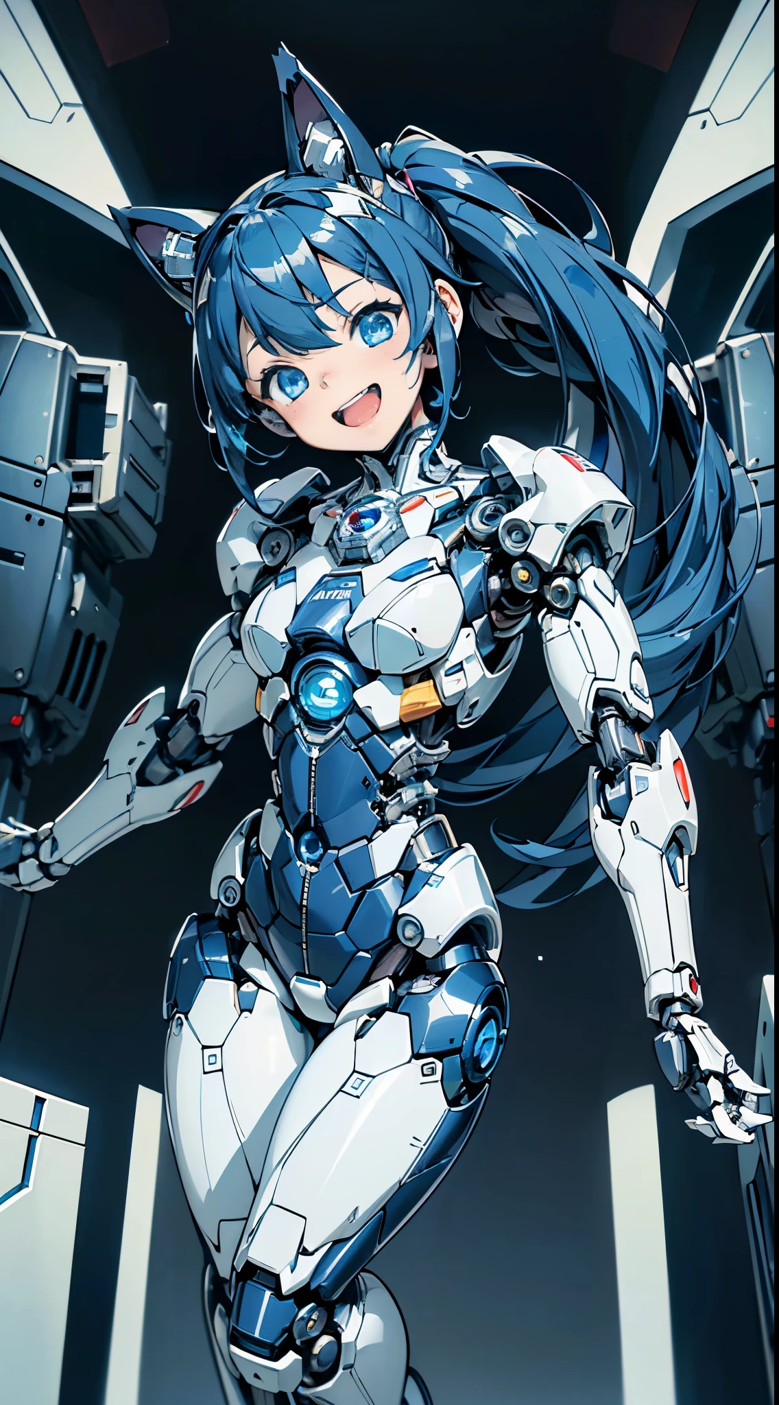 (((masterpiece))), (((Best Quality))), (((high quality))), (((beautiful))), (((8K))), (((highres))), (((absurdres))), (((exquisite))), (((Ultra high definition))), (((High resolution))) loli robot, (toddler:1.4), (Highly detailed and extremely complex mechanics:1.3), (extra large head:1.5), (darkblue hair), (Super long dark blue sideburns), (dark blue long ponytail), (Very small blue eyes:1.4), (Super drooping eyes:1.4), (Highly detailed eye depiction), (dark blue mechanical cat ears:1.2), (overweight), (super short legs), (Streamlined body based on pure white), White and navy blue pilot suit, White and navy blue tight-fitting clothing, White and navy blue shoulder cover clothes, White and navy blue shiny clothes, navy blue tight fit pants, White and navy blue thigh cover pants, (Machine body:1.4), (Mechanical joints:1.4), (An extremely complex machine visible through its joints:1.4), mecha musume, Mechanical parts, Robot joints, Headgear, (Laughing with open mouth:1.3), (Passage inside the ship:1.2), (girly running:1.3), (Head tilt:1.3),