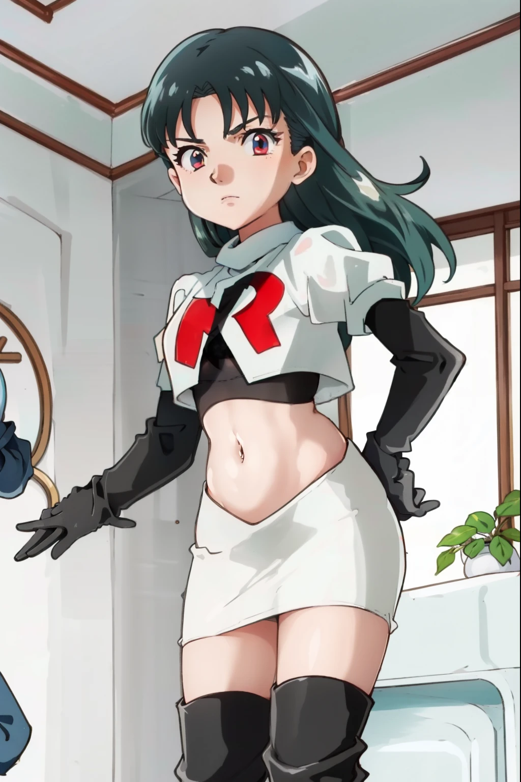 SabrinaPKMN,1girl,long hair,black hair,team rocket, team rocket uniform, red letter R, white skirt, white crop top, black thigh-high boots, black elbow gloves,